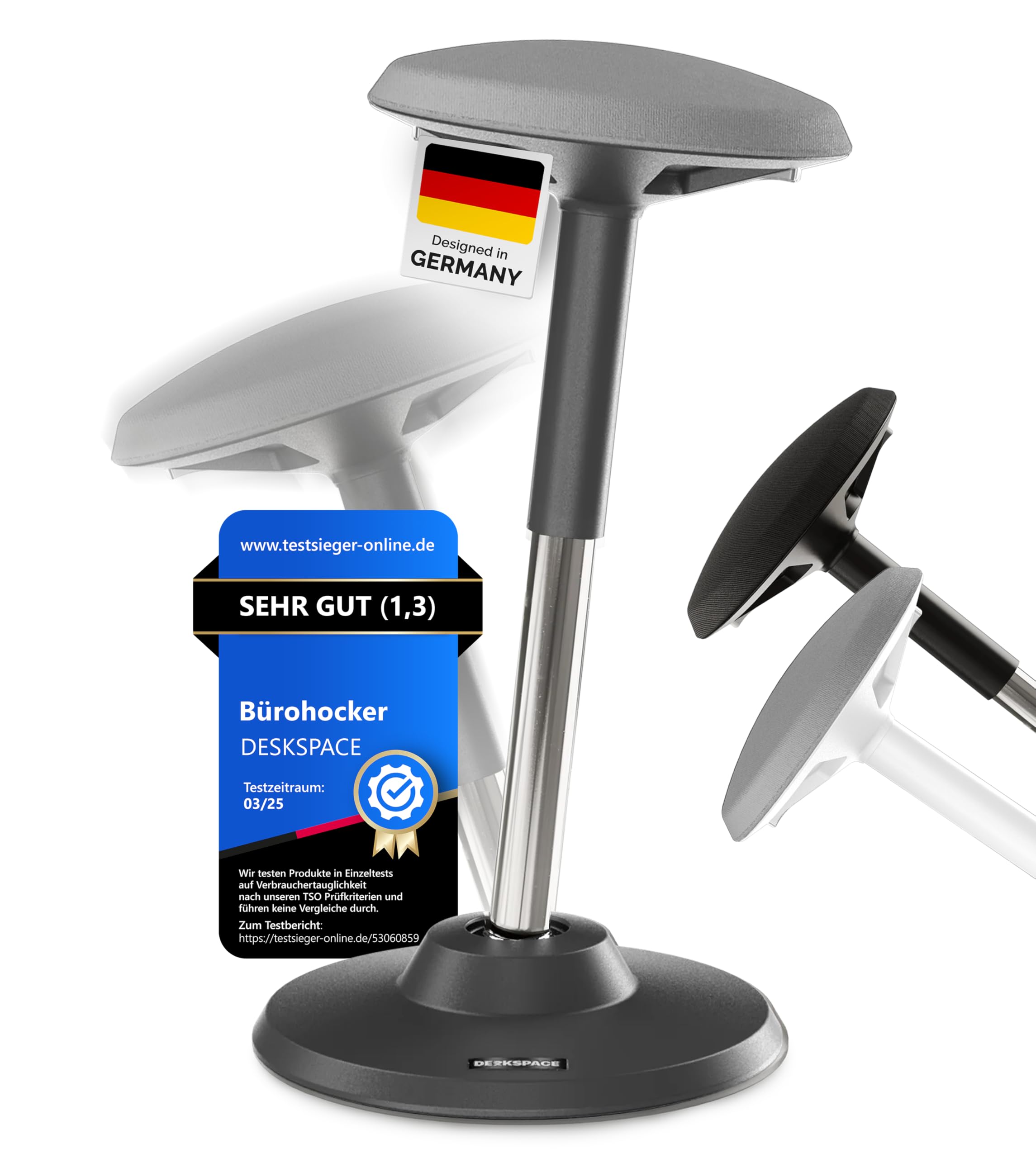 DESKSPACE Motion Sitzhocker - Stehhocker höhenverstellbar, ergonomischer Hocker bis 140kg mit CushCloud-Polsterung, Gasfeder & 3D-Sitzmechanik, Bürohocker ergonomisch, Wackelhocker, Stehstuhl (Grau)