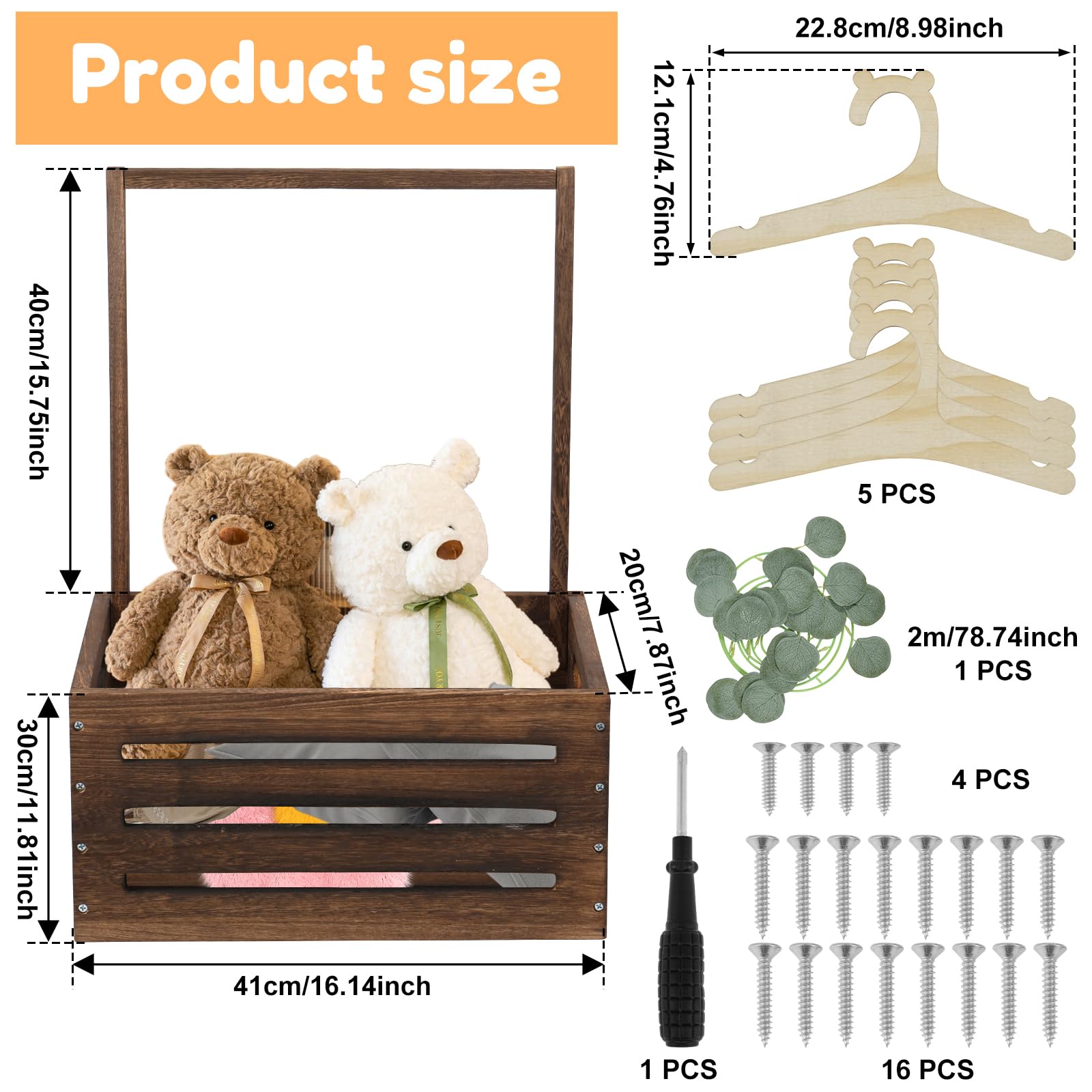 Panier pour cadeaux en bois, pour fête prénatale, avec 5 cintres, panier pour bébé avec poignée, panier cadeau de fête prénatale en bois, panier à linge, cadeau de fête prénatale (style 6)