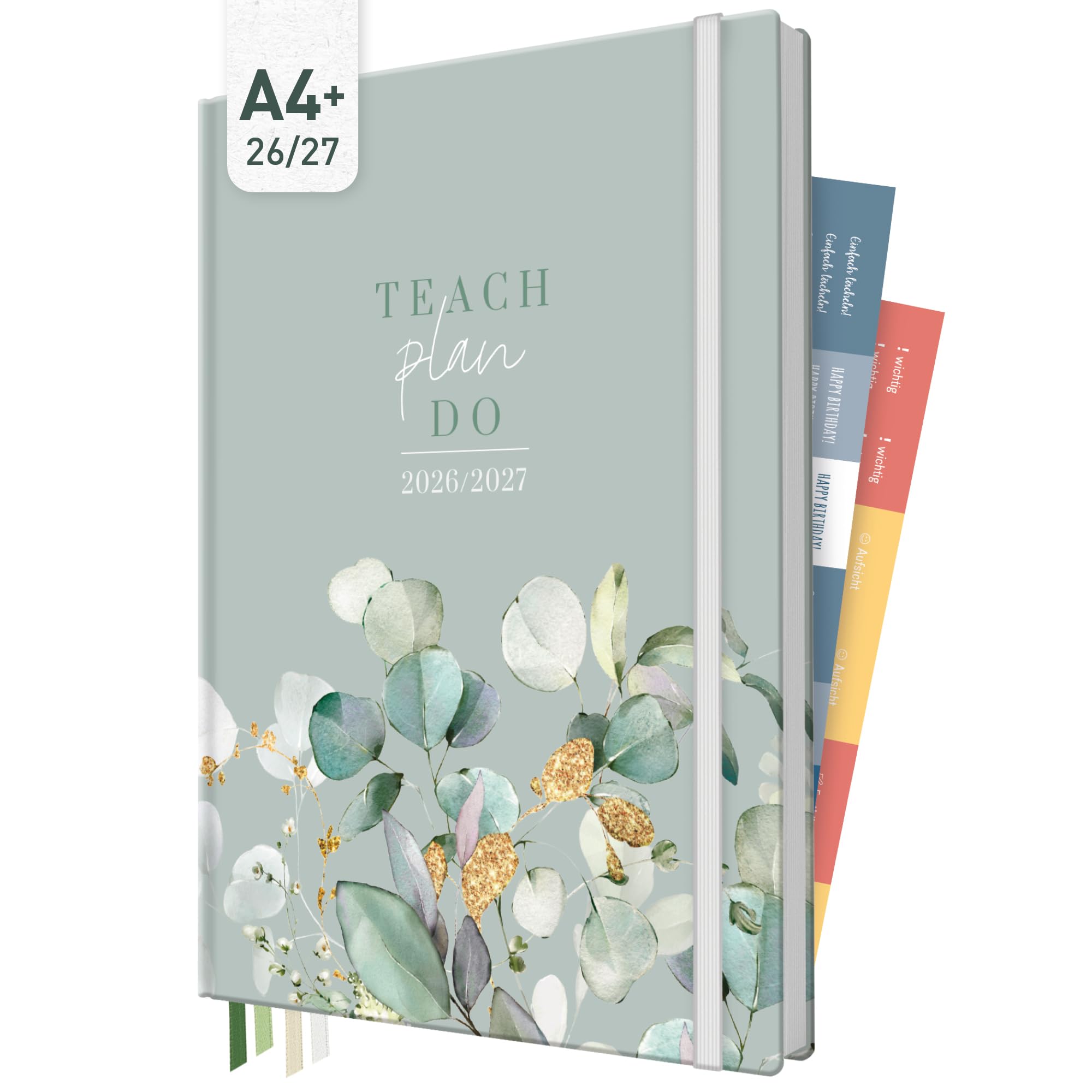 Häfft® Lehrerplaner 2026/2027 im A4+ Format - Großer Lehrerkalender & Schulplaner für das Schuljahr 26/27 – Hardcover mit 4 Lesebändchen, Notenlisten & Stickern "Minty Leaves"