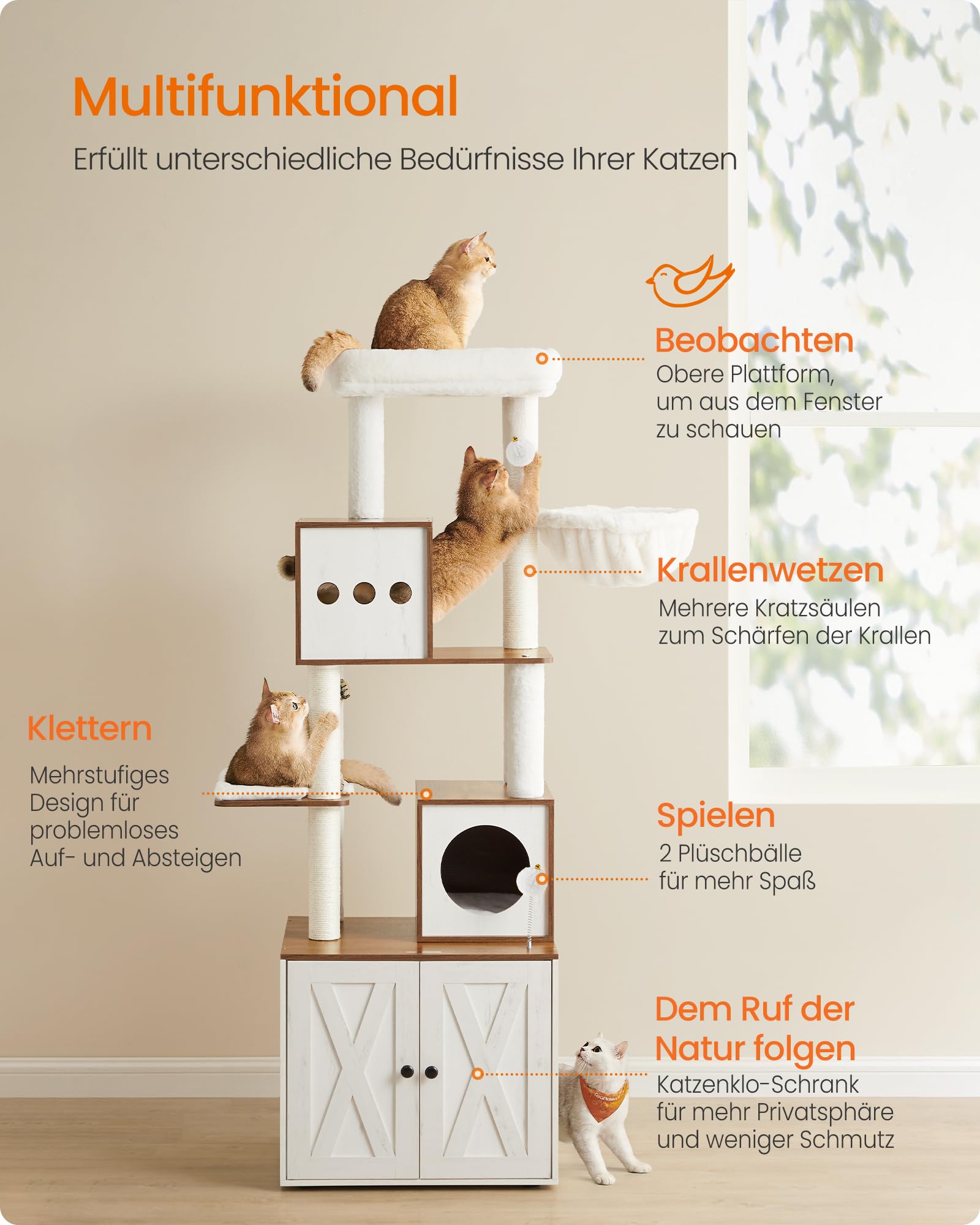Feandrea Kratzbaum, Katzenbaum mit Katzenklo-Schrank, 178 cm hoch, Katzenkratzbaum, Kratzsäule, Plattform, waschbares Kissen, honigbraun-vintageweiß PCT116K03