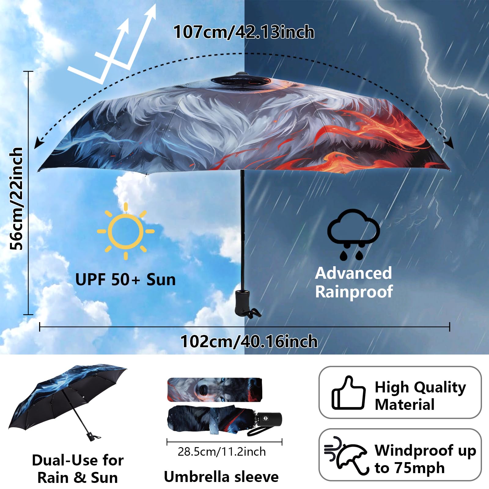 MAYJOYDIY Paraguas plegable automático, resistente al viento, 107 cm, apertura y cierre, paraguas compacto para mujer, hombre, protección solar para lluvia