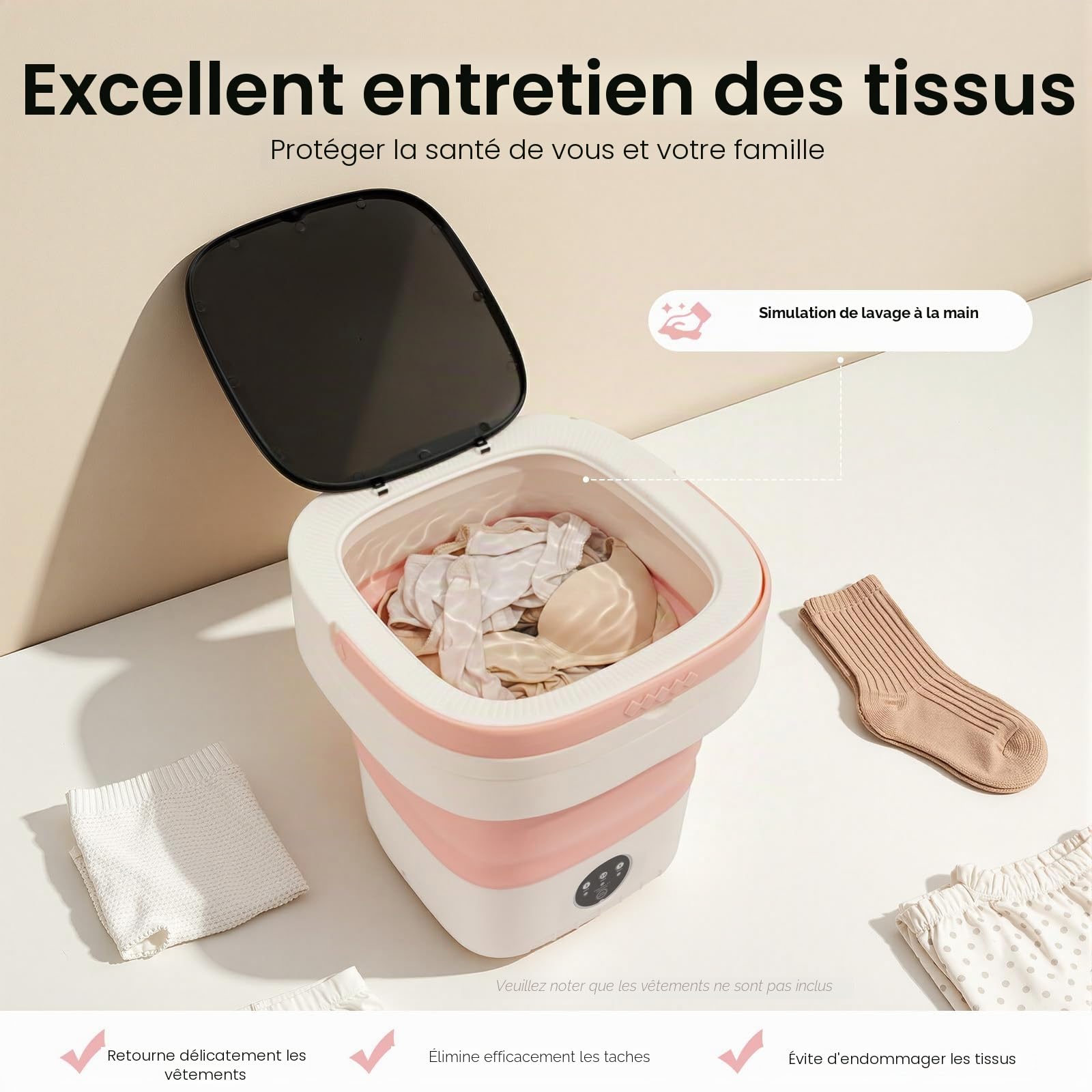 Mini machine à laver portable pliable 12 L avec tuyau de vidange et panier d'égouttement électrique pour sous-vêtements chaussettes Rose