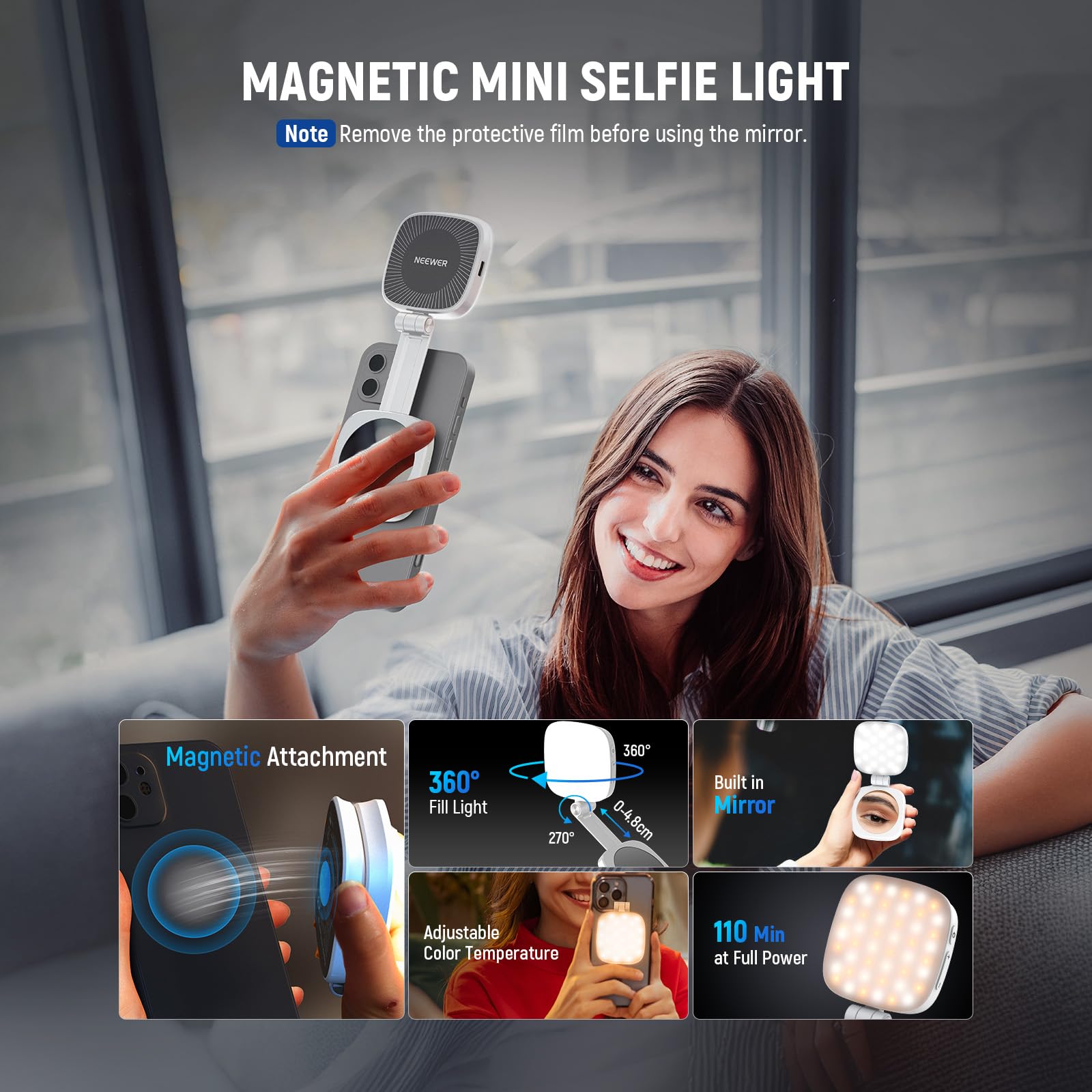 NEEWER BASICS Magnetic Selfie Light Compatible with MagSafe iPhone, CRI95 700lx/0.3m Folding LED Phone Fill Ring Lighting with Mirror for Zoom Makeup Photography Recording Video Conference,White NL48B