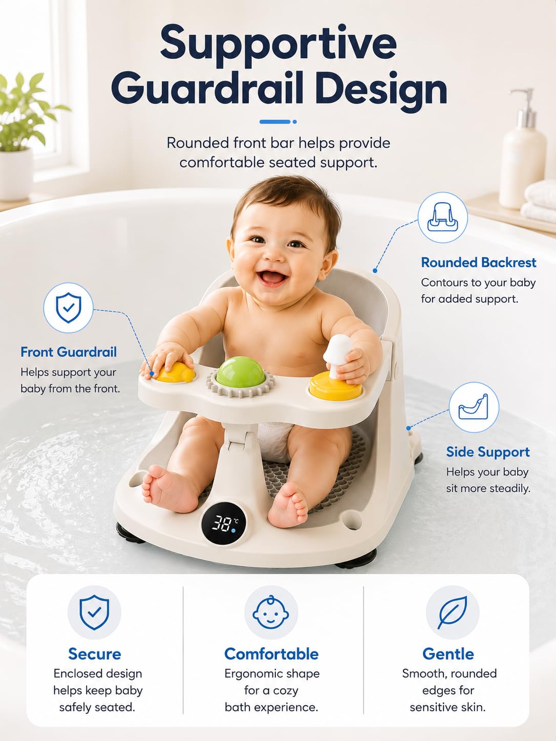 Baby Bath Seat for Babies Sitting Up, Baby Bath Chair with Temperature Sensor & Toys, Infant Bath Seat for Babies 6 Months & Up, Baby Bathtub Seat with Rinse Cup & Soft Silicone Bath Brush