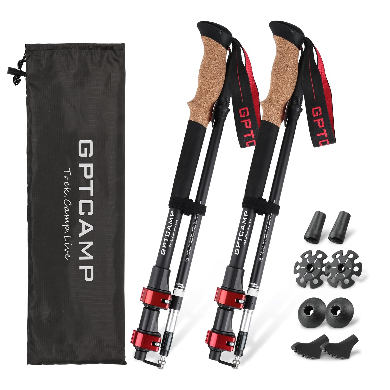 GPTCAMP Walking Sticks,Trekking Poles Collapsible Hiking Poles,Lightweight Folding Travel Walking Pole for Men Women,2pc Adjustable Hiking Stick with EVA Foam Grips for Backpacking,Red