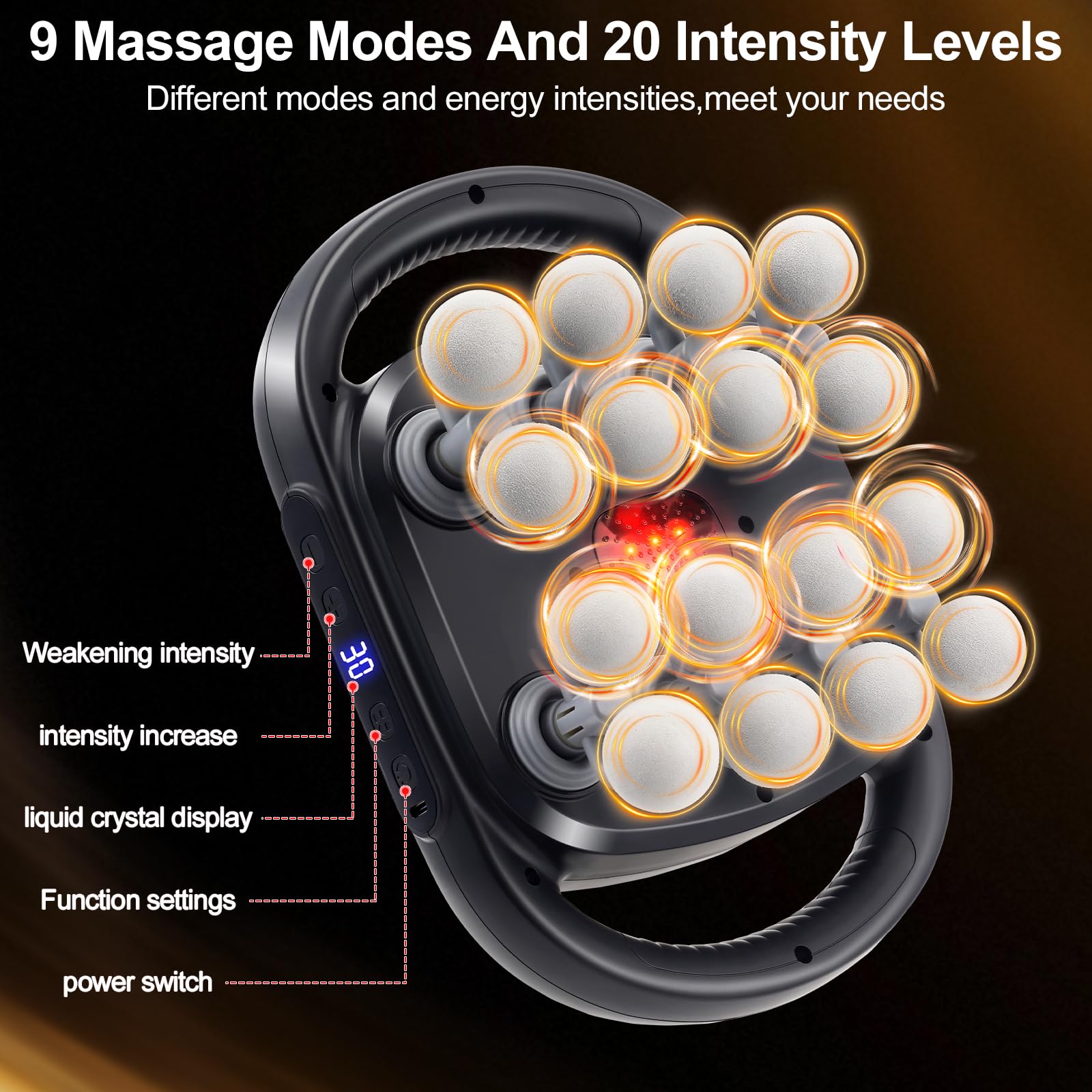 Pistola de masaje para muscular con 30 niveles y 9 modos, 16 cabezales Masajeador de cuello con luz roja, Masajeador eléctrico para piernas, brazos, cintura, espalda y glúteos muscular Relajación