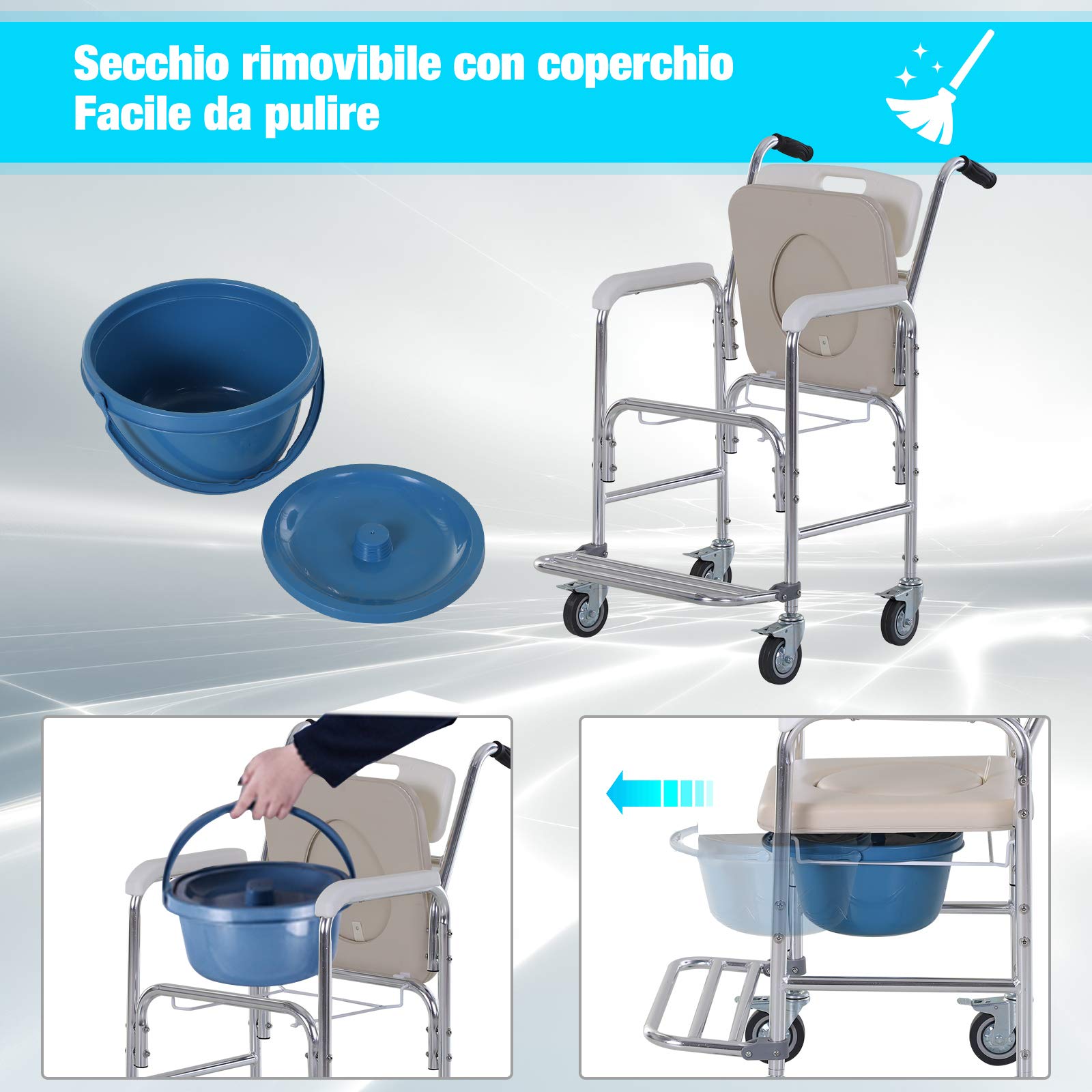 HOMCOM Sedia a Rotelle Impermeabile con WC Seduta in Finta Pelle, 4 Ruote, Vaso Rimovibile per Anziani/Disabili, 84x54x96cm