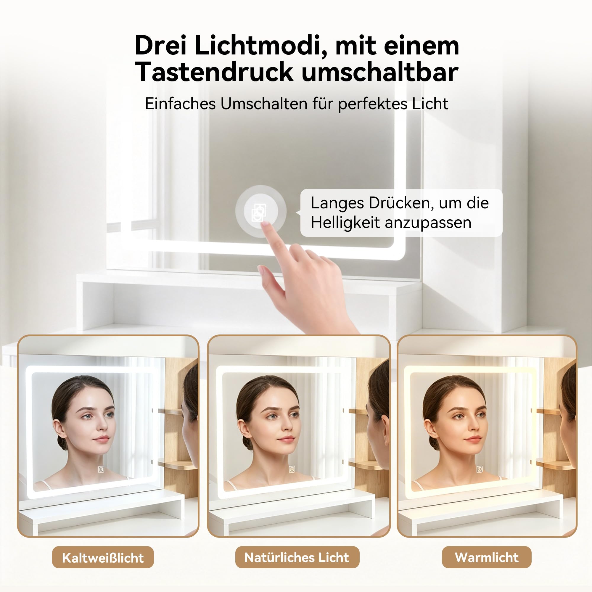 Hawthyhome Weiß Schminktisch mit Beleuchtun und Ladestation, Moderner Frisiertisch mit 2 Riffel-Schubladen und Ablagen, 3 Lichtmodi, Kosmetiktisch mit Massivholzbeinen für Schlafzimmer