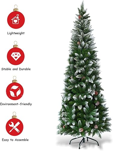 Miniatura 6 de BestComfort Árbol de Navidad artificial de 75 pies con 720 puntas de ramas nevadas 39 conos de pino árbol de Navidad delgado con soporte de metal