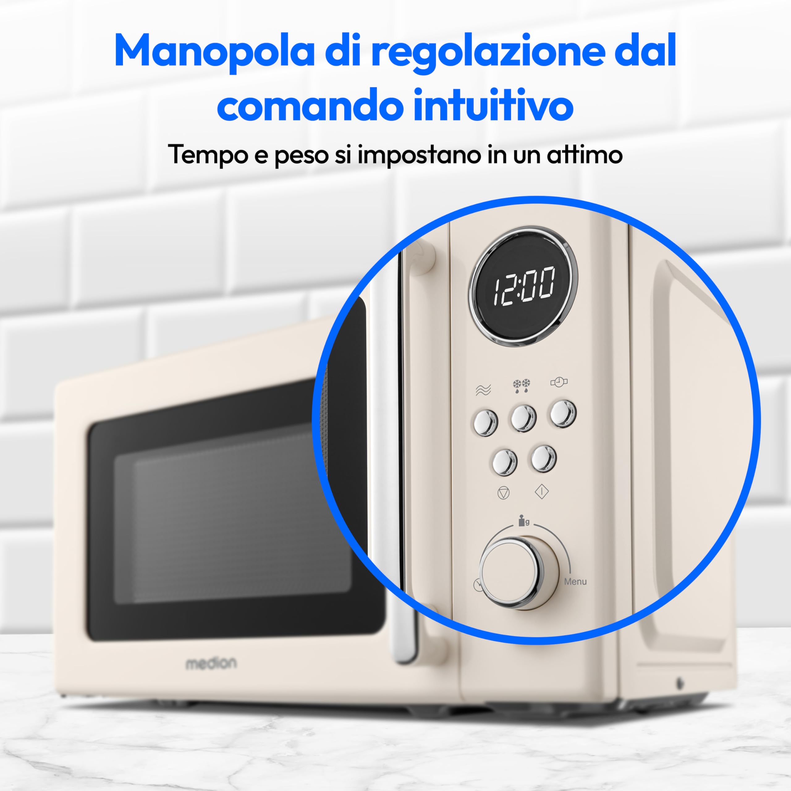 MEDION retro microonde (20 litri, circa 800 watt, 5 impostazioni microonde, 8 programmi automatici, display digitale, funzione scongelamento, compatto, MD15000) beige