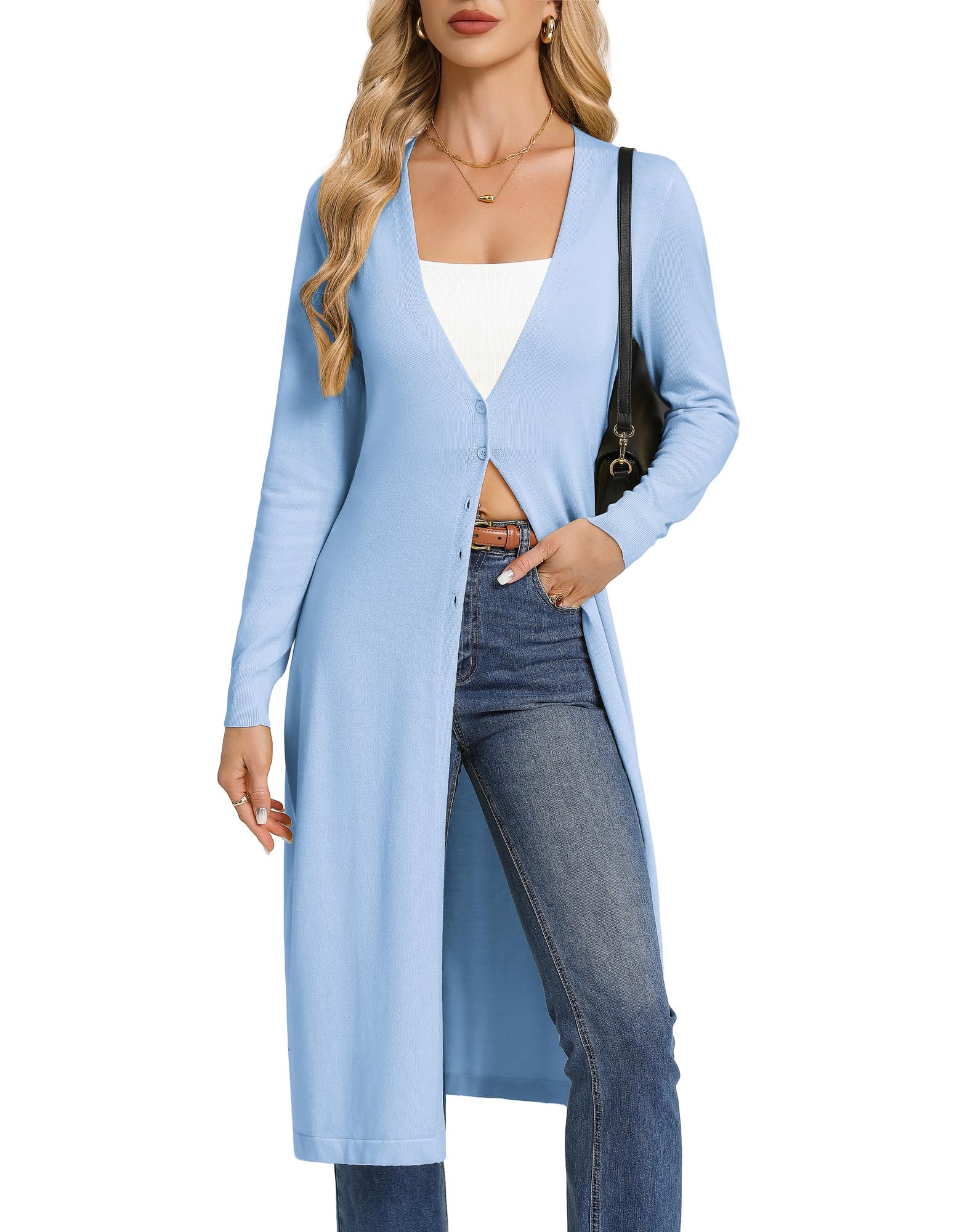 GRACE KARIN Damen Leichtes Lang Strickjacke Langarm Cardigan Mit Elegant V-Ausschnitt Und Knöpfen