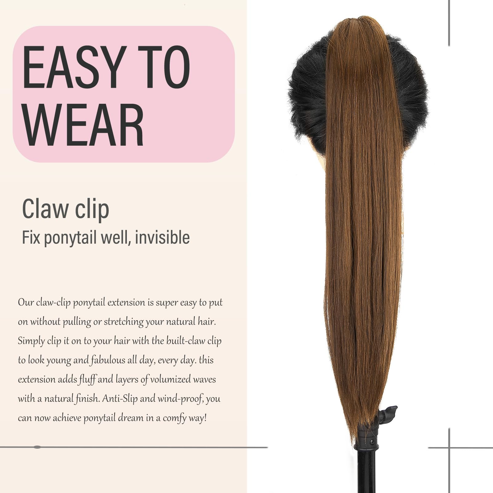 Dcbaboo Ponytail Extension Long Straight 20inch Claw Clip in Ponytail Hair Extensions Synthetic Pony tails Natural Wave One Piece Hairpiece Fake Ponytail for Women Dark Brown/Light Auburn - Image 4