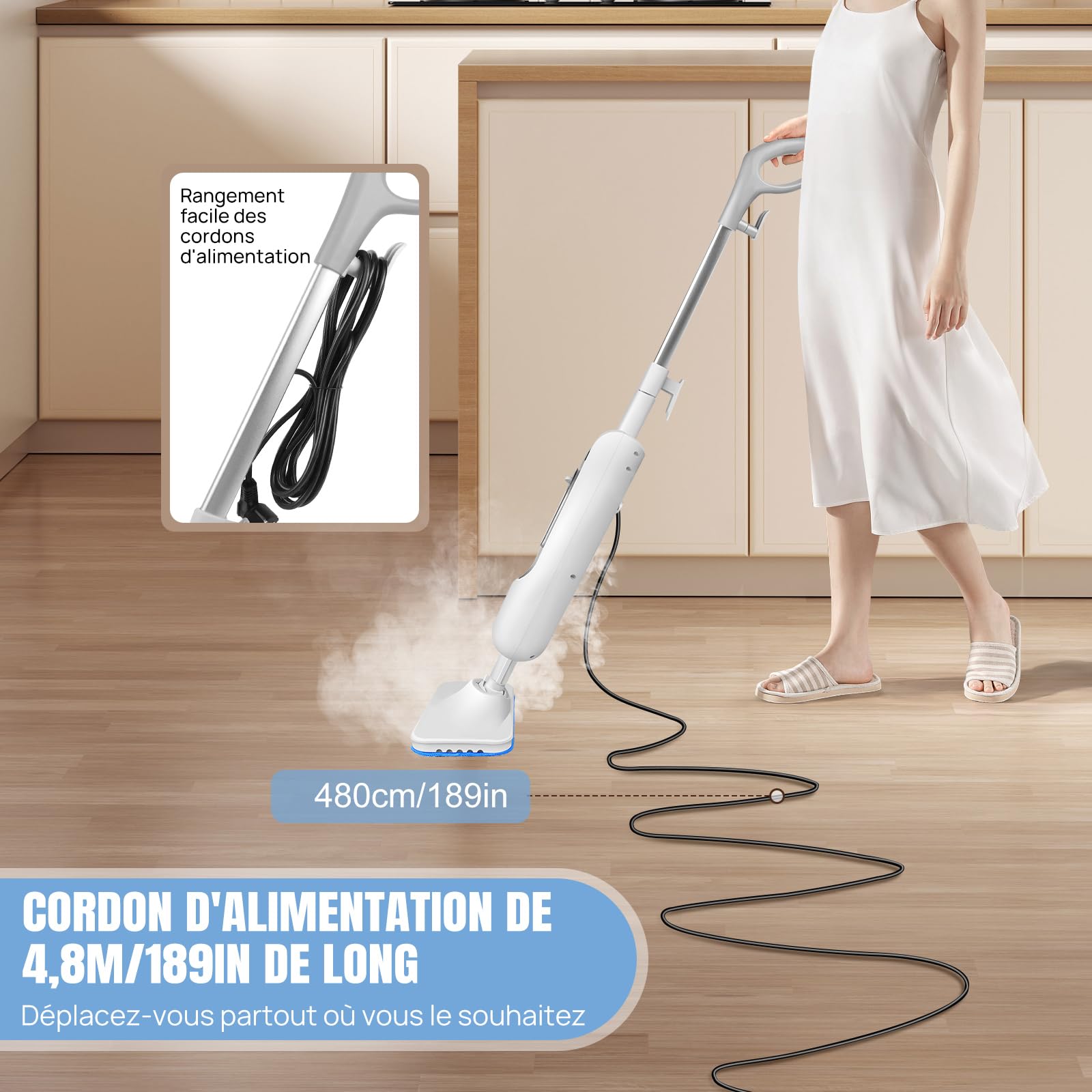 Nettoyeur vapeur 1500W - Balai vapeur avec fonction à main - Chauffage express 20s - Réservoir 400ML - Pour sols et surfaces diverses