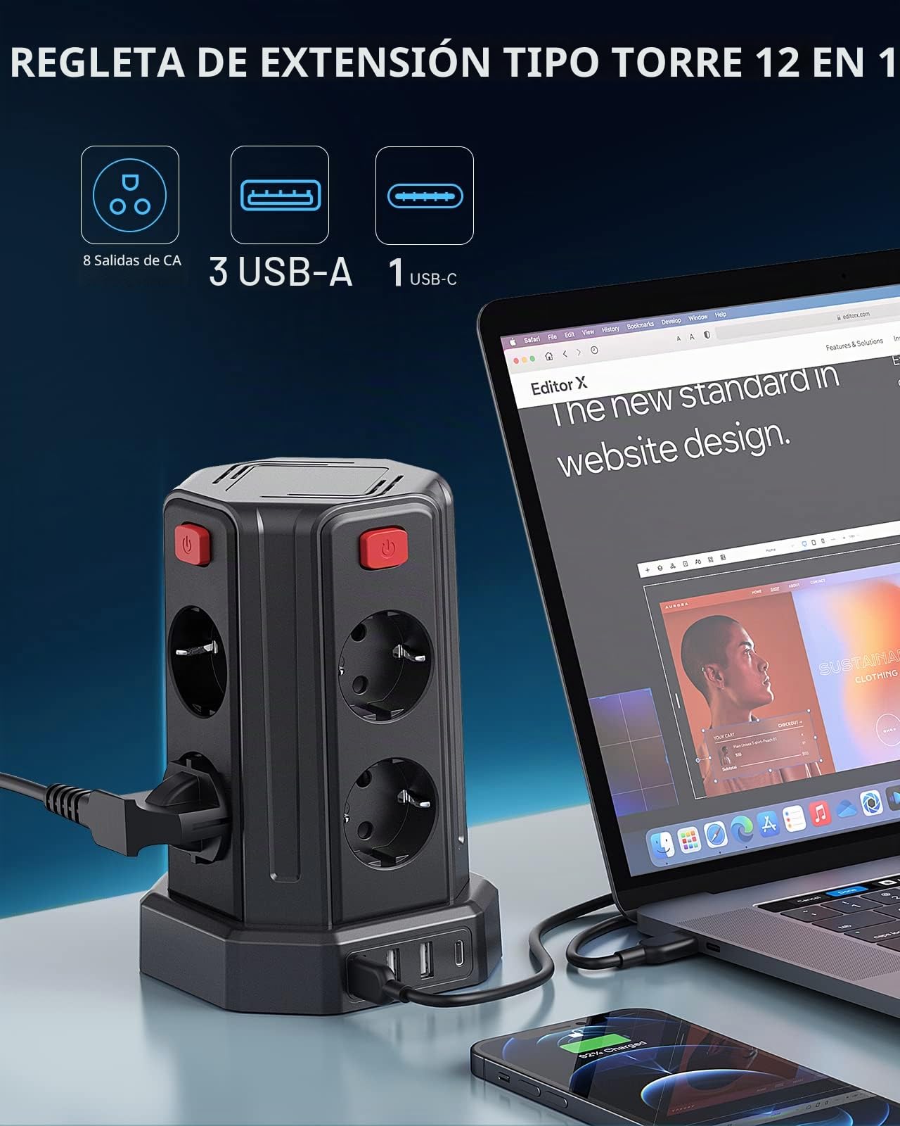 Torre Regletas Enchufes con Cable 3M, Regleta USB 8 Tomas de AC Corrientes y 4 USB, 2500W/10A, Regreltas Vertical con Interruptor para Mesa, Oficia, Casa…