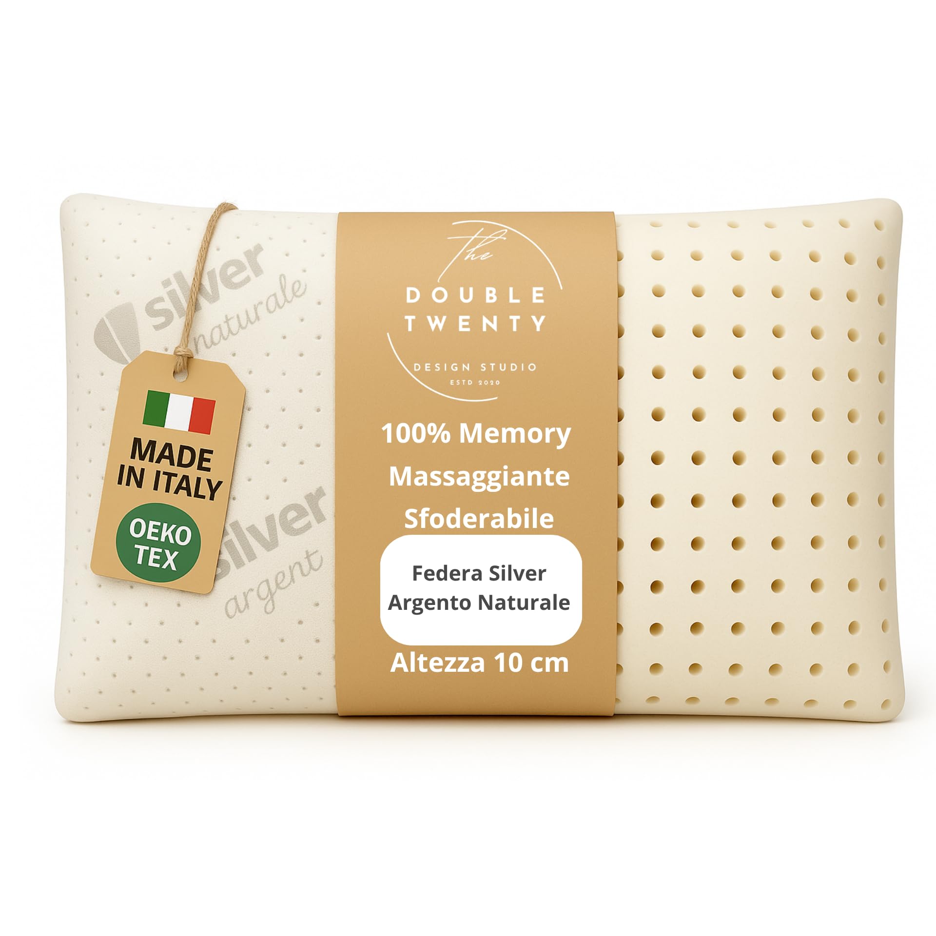 Cuscino in Memory Foam | Ergonomico e Traspirante | Supporto Ottimale per Collo e Cervicale, Adatto a Tutte le Posizioni del Sonno | Fodera Ipoallergenica in Argento Naturale | (10 cm)