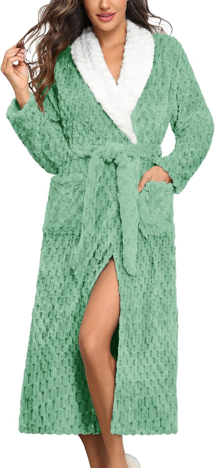 Ekouaer Women’s Robe Long Plush Soft Bathrobe Jacquard Color Block Robes Shawl Collar Sleepwear with Pockets S-XXL