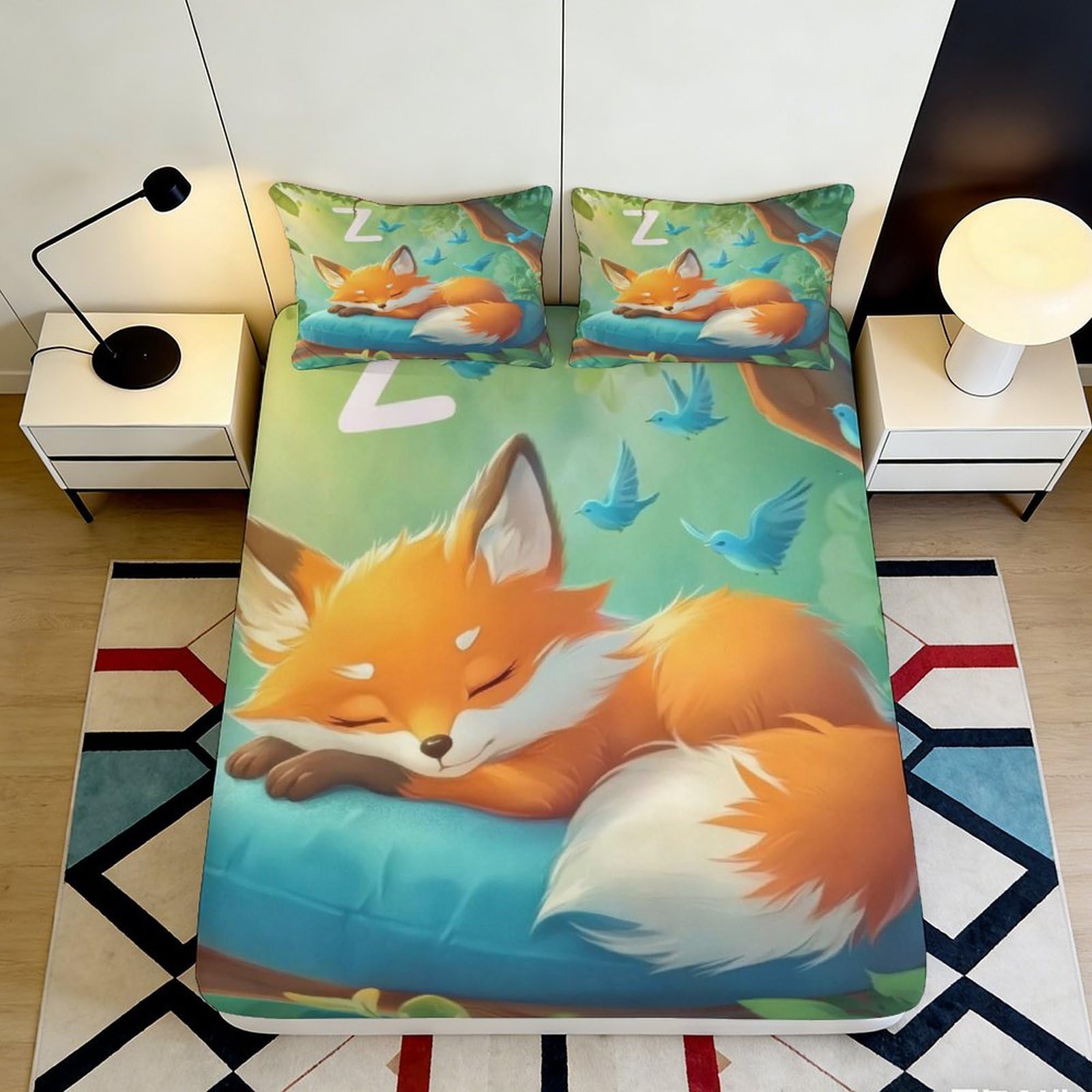 3D Printed Sleeping Fox Fitted Sheet Microfiber Soft Anti-Slip Bed Cover Forest Bird Mattress Protector for Bedroom Dorm 90x200x25cm