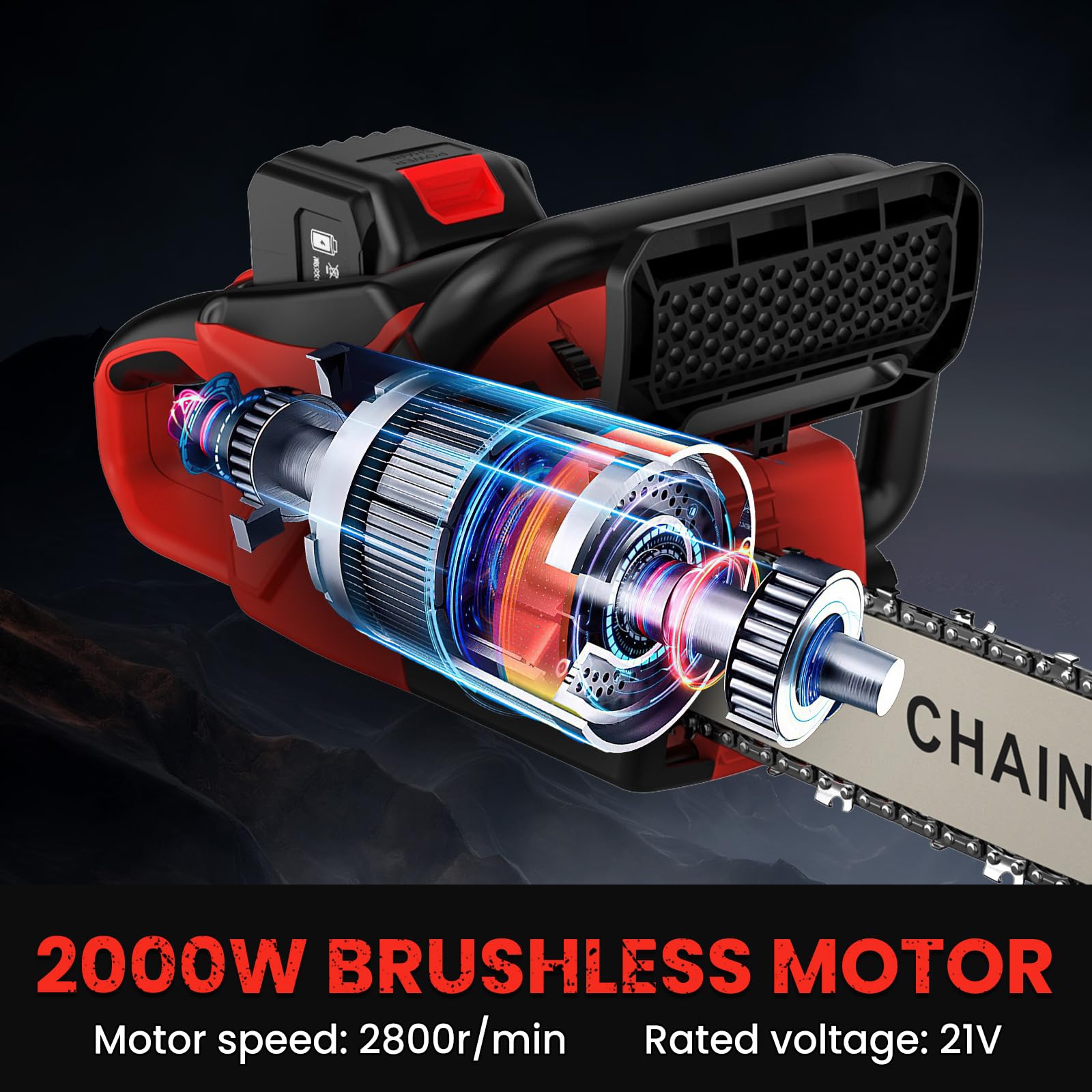 Motosierra eléctrica con batería de 16 pulgadas, con batería de 2 x 4,0 Ah, motor sin escobillas de 2000 W, motosierra de mano, batería con engrasador automático para tijeras de podar, tijeras de