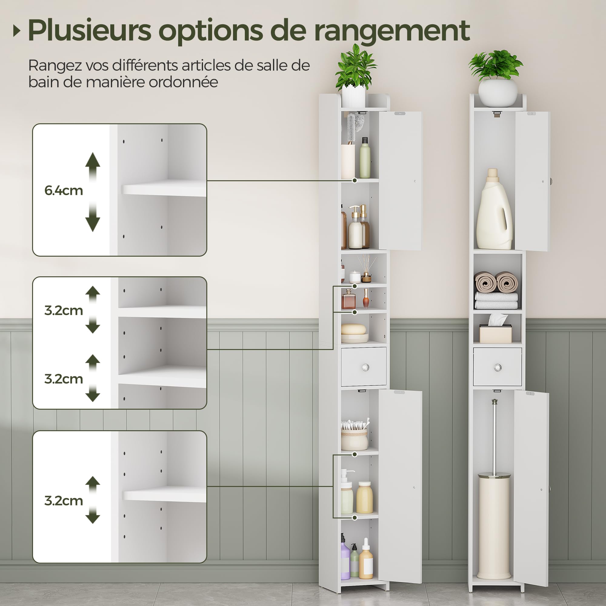 BEWISHOME Meuble Salle de Bain Étroit 20 cm, Colonne de Rangement