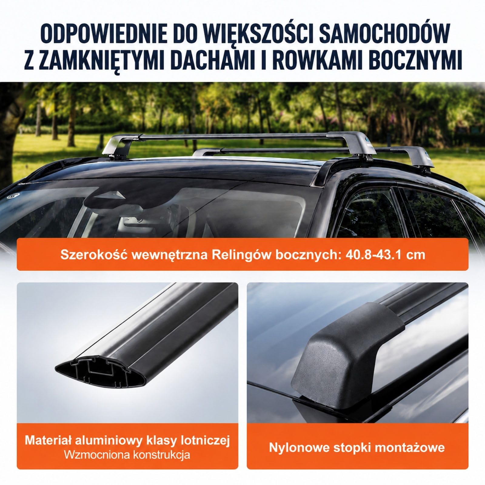 Aluminiowe belki poprzeczne na dach auta, 2 szt, czarne, do podniesionych relingów z przerwą, z zamkiem i kluczami