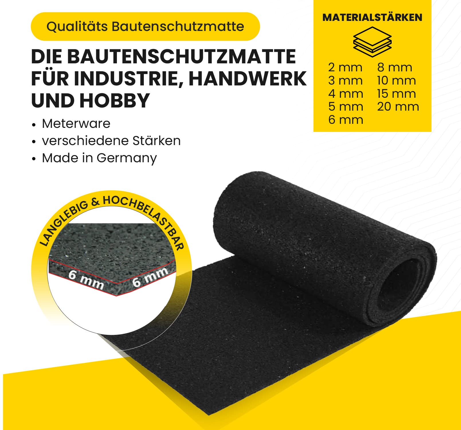 GMP Bautenschutzmatte 6 mm x 30 cm x 9 m | Terassenpad Rolle | Unterleger Gerüstbau | Unterkonstruktion WPC, Fliesen, Dielen | Verschiedene Größen | Gummigranulat