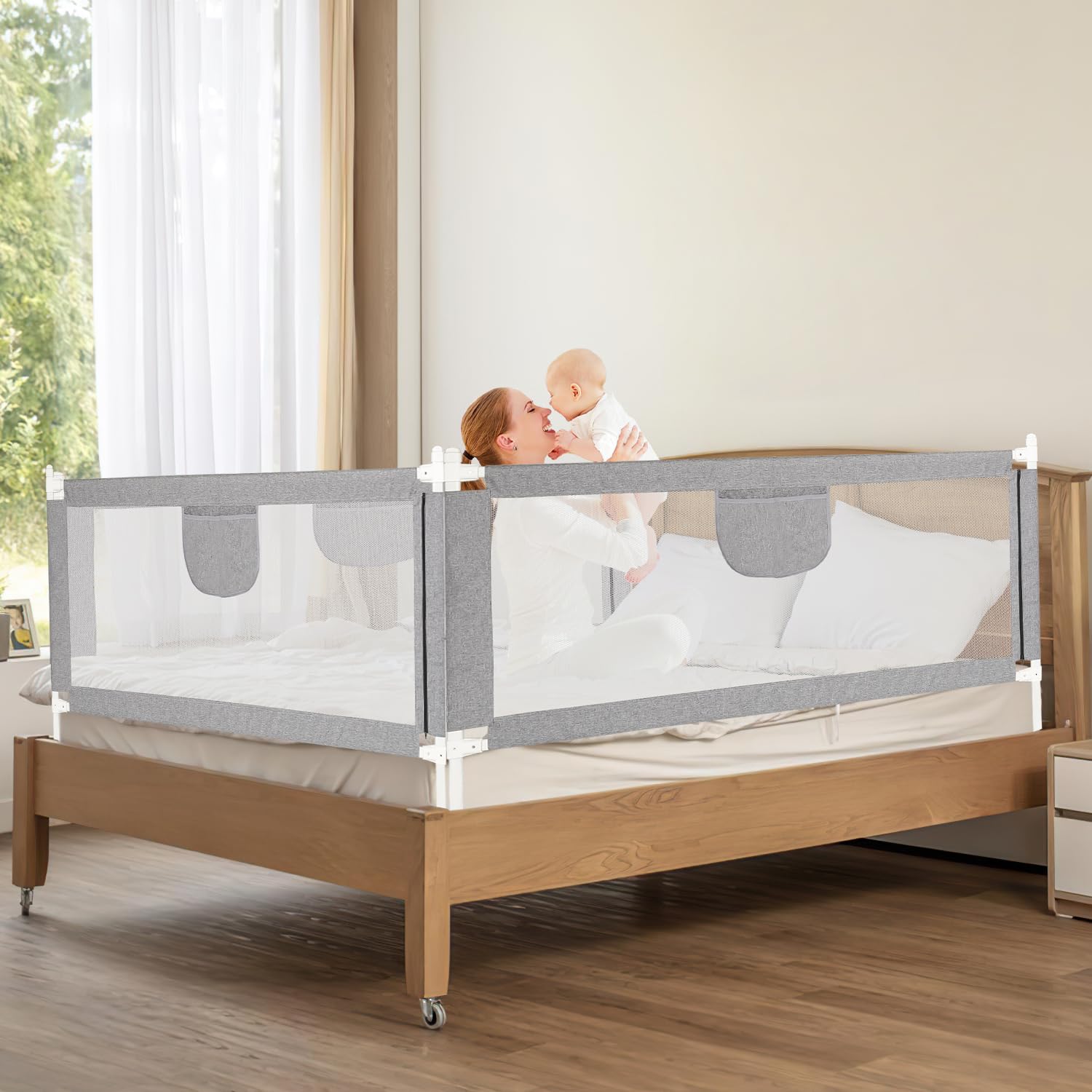 Griglia di protezione per letto da 180 cm, altezza regolabile 64 – 96 cm, con rete traspirante per bambini e letti dei genitori, stabile, colore: grigio