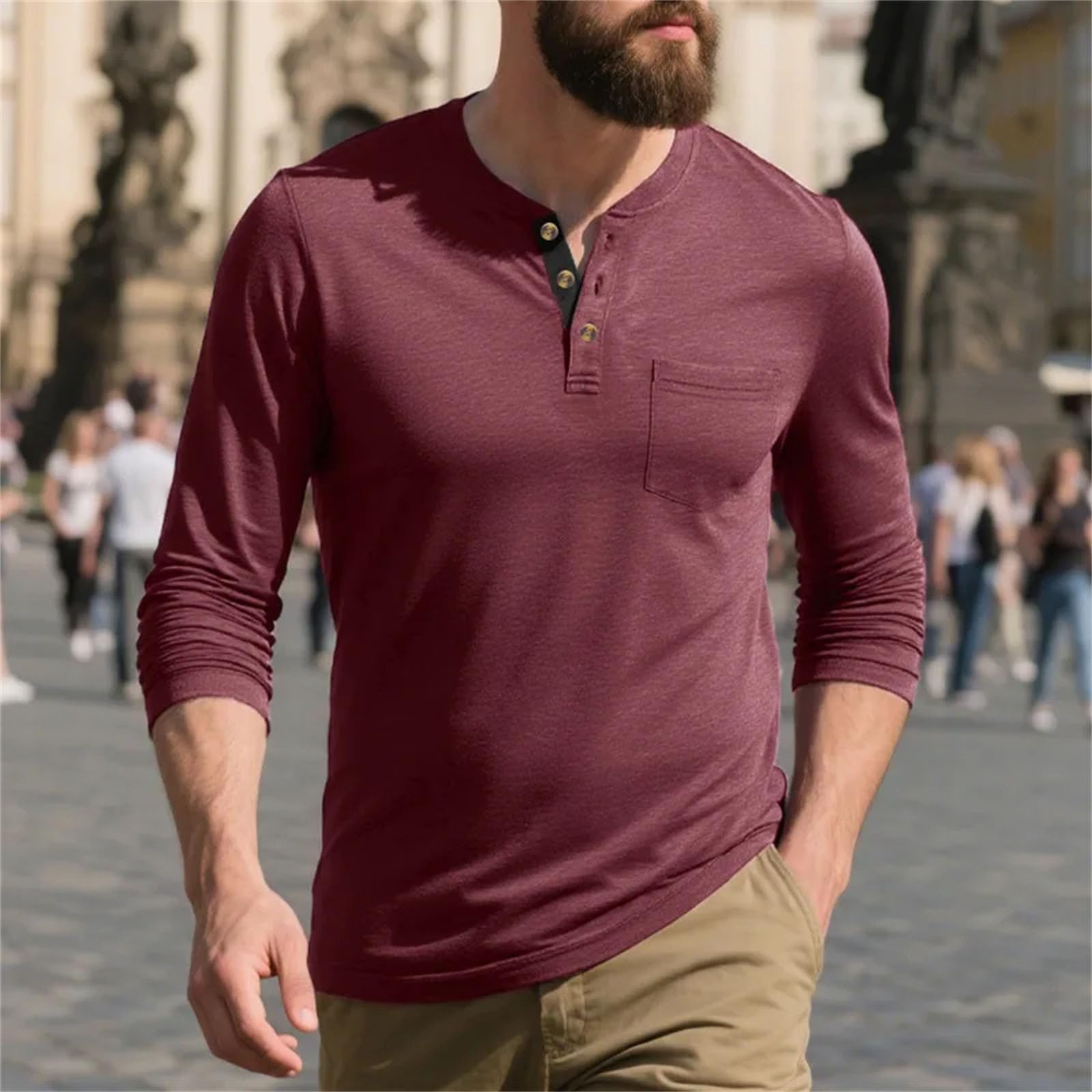 Maglietta da uomo a maniche lunghe, girocollo, alla moda, morbida, traspirante, con colletto a O