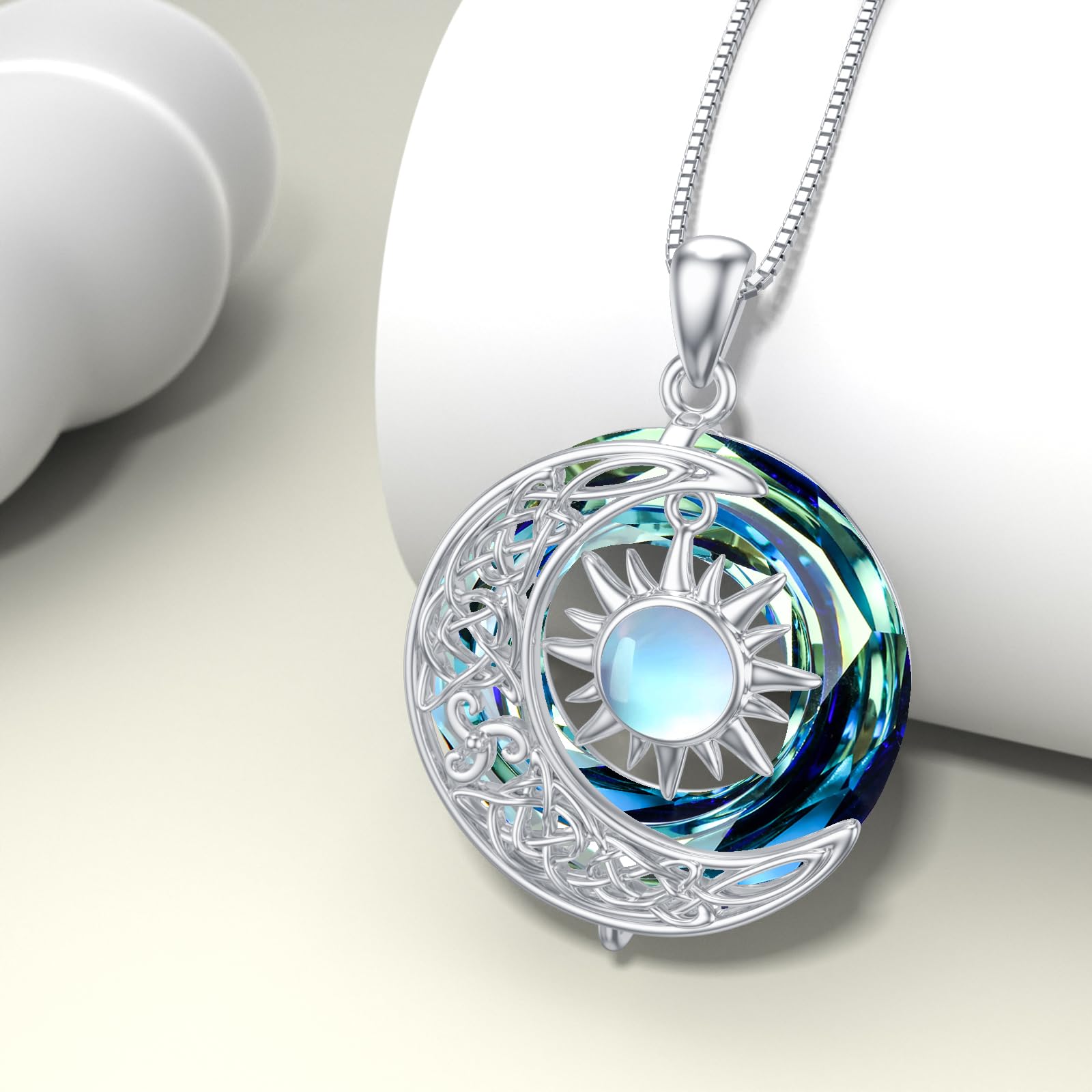 REDSUN Collana con ciondolo a forma di luna e sole, in argento Sterling 925, motivo celtico, con pietra di luna e sole, gioiello regalo per donne e ragazze