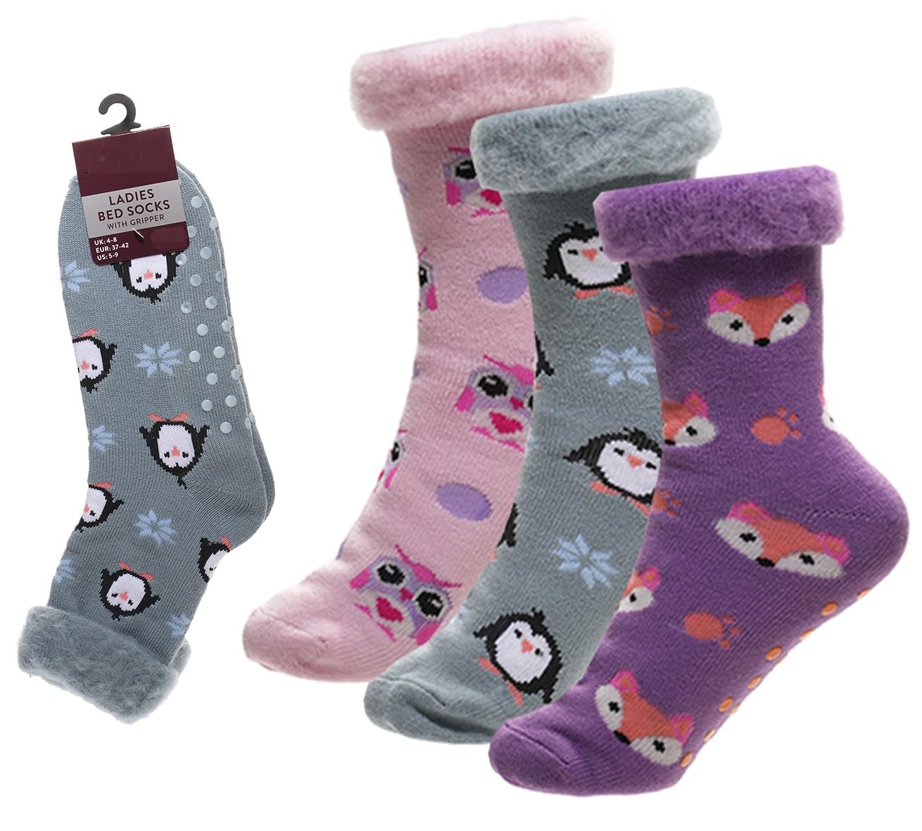 OnlyBee 3 Pairs of Ladies Women’s Bed Socks Soft Brushed Fleece Lined Thermal Warm with Anti-Slip Gripper Sole UK Size 4-8