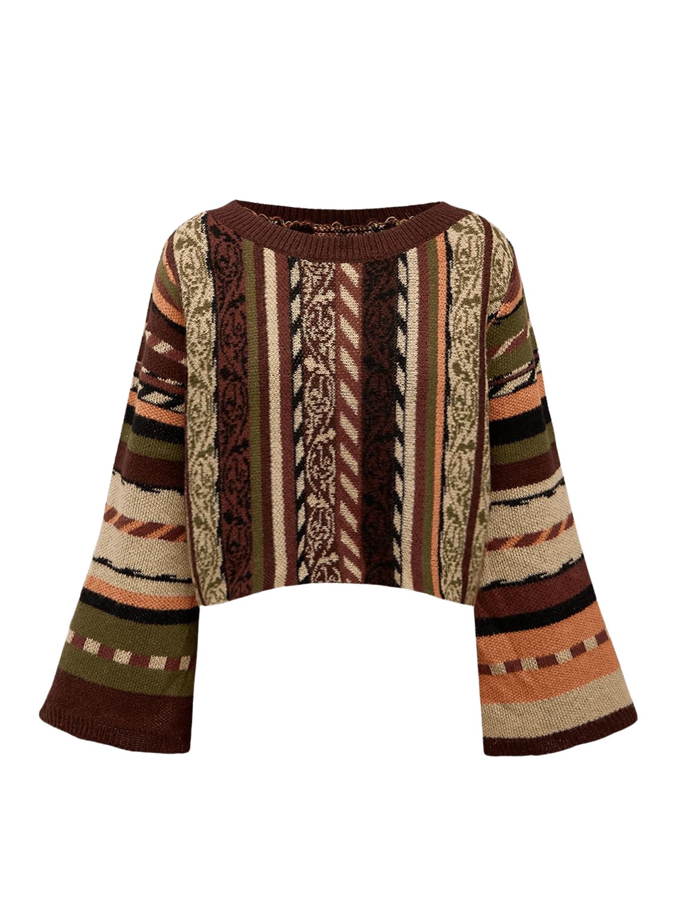SHENHE Womens Bell Sleeve Crew Neck Tribal Striped Sweater Hippie 70s Vintage Cropped Sweater