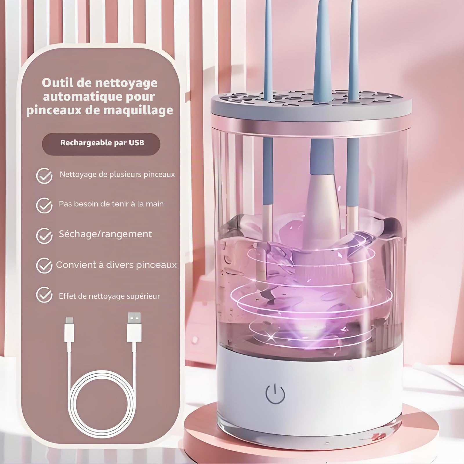 Nettoyeur de pinceaux de Maquillage électrique, Machine de Nettoyage de pinceaux de Maquillage, Outils de Nettoyage Automatique pour Toutes Les Tailles de pinceaux de Maquillage