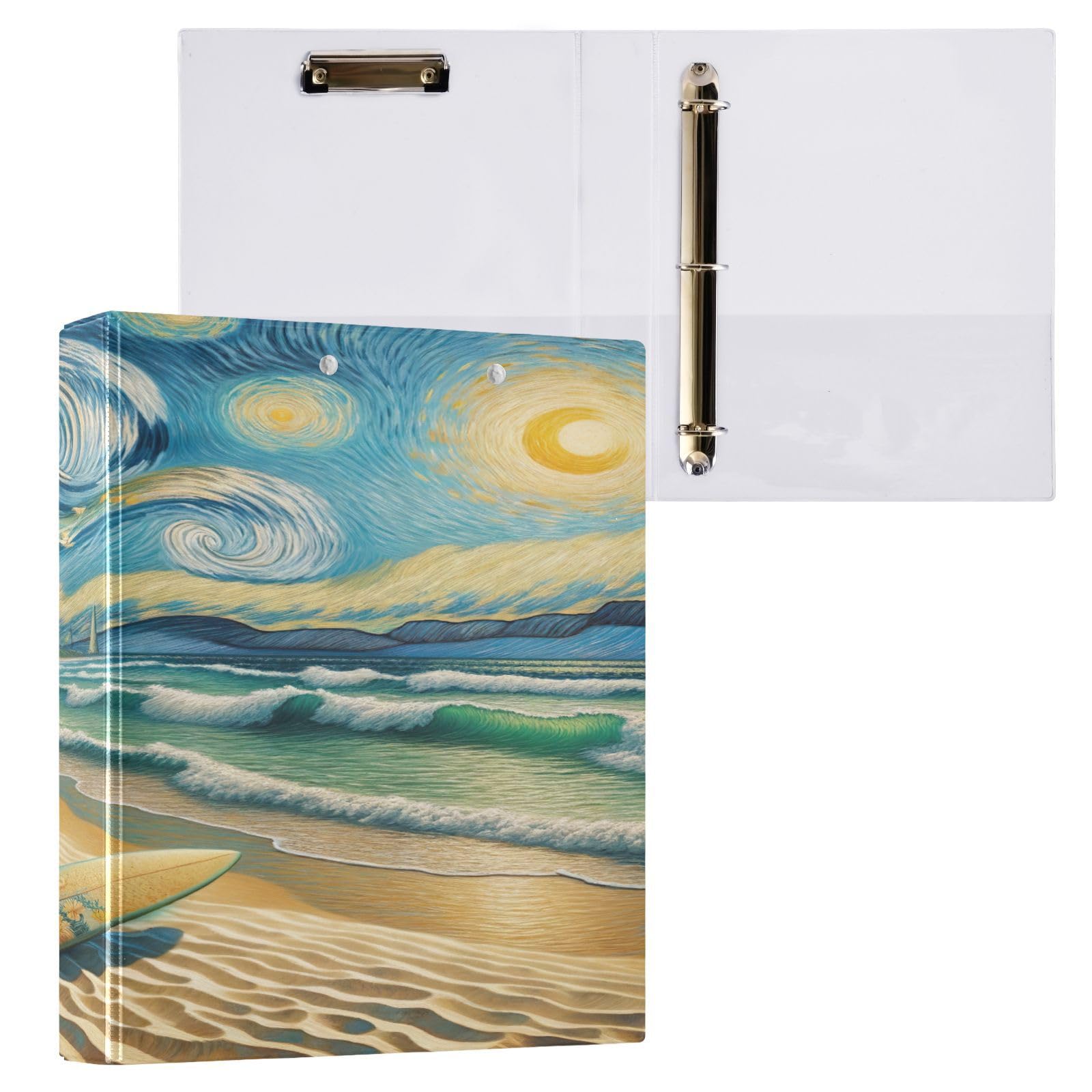 Raccoglitore a 3 anelli blu con motivo spiaggia stellata, confezione da 2 raccoglitori ad anelli rotondi, grande raccoglitore a 3 anelli