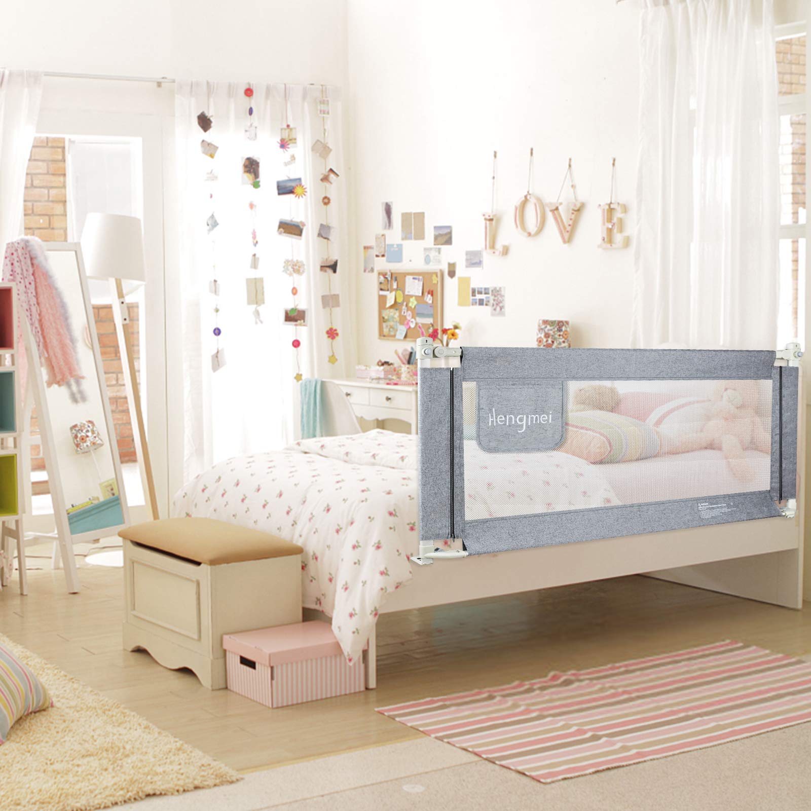 Griglia di protezione per letto regolabile in altezza, 200 cm, con chiusura a fibbia, per neonati e bambini, colore: grigio