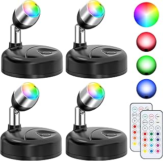 Focos RGBW inalámbricos para decoración de interiores, paquete de 4 luces de piso para interiores, luz de árbol de 13 colores cambiantes, luz de imagen con control remoto y temporizador, luces de