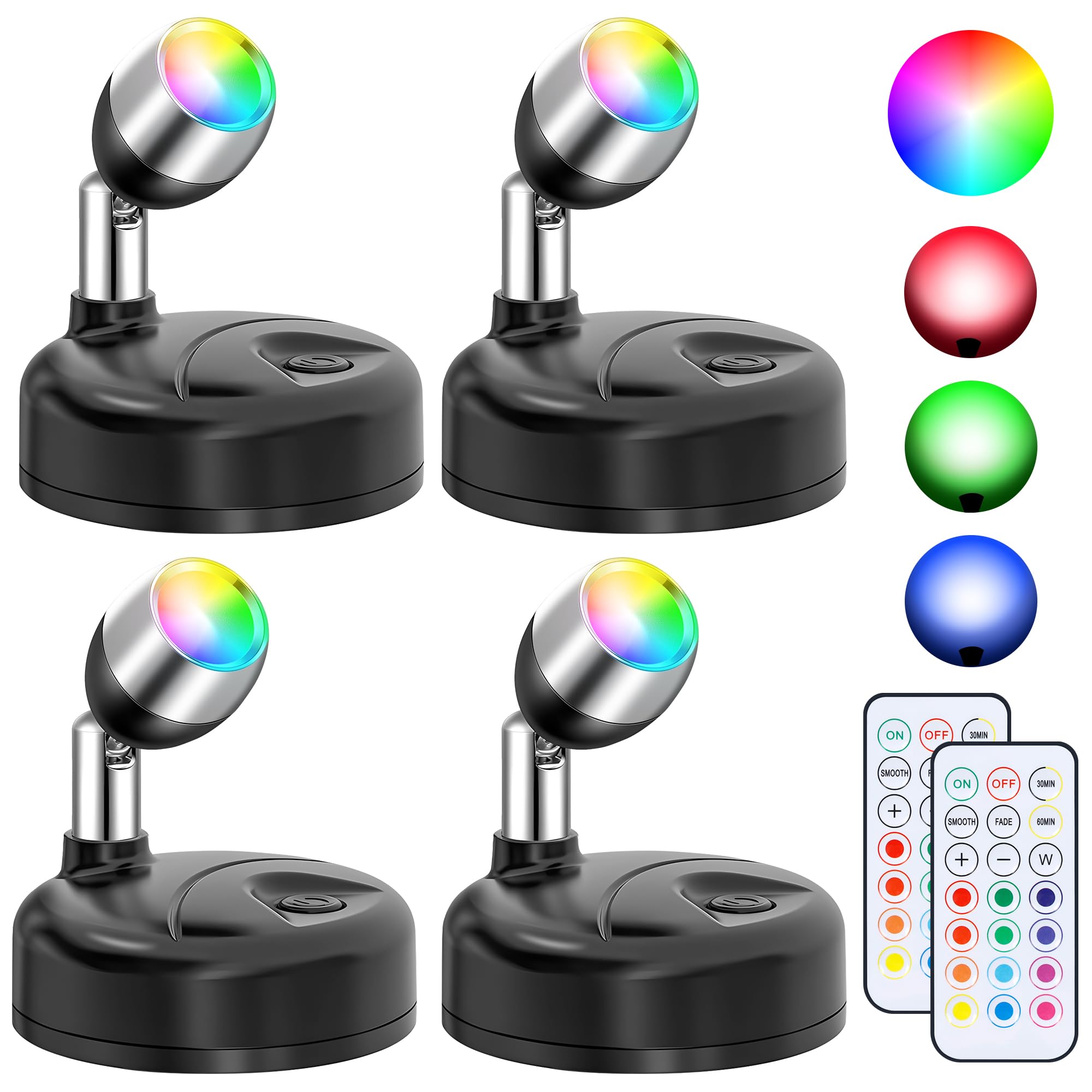 Wireless RGBW Spot Lights Indoor Decor, 4 Pack Floor Uplighting Indoor, 13 Color Changing Tree Light, Picture Light with Remote and Timer, Accent Lights for Plant Christmas Holiday Party