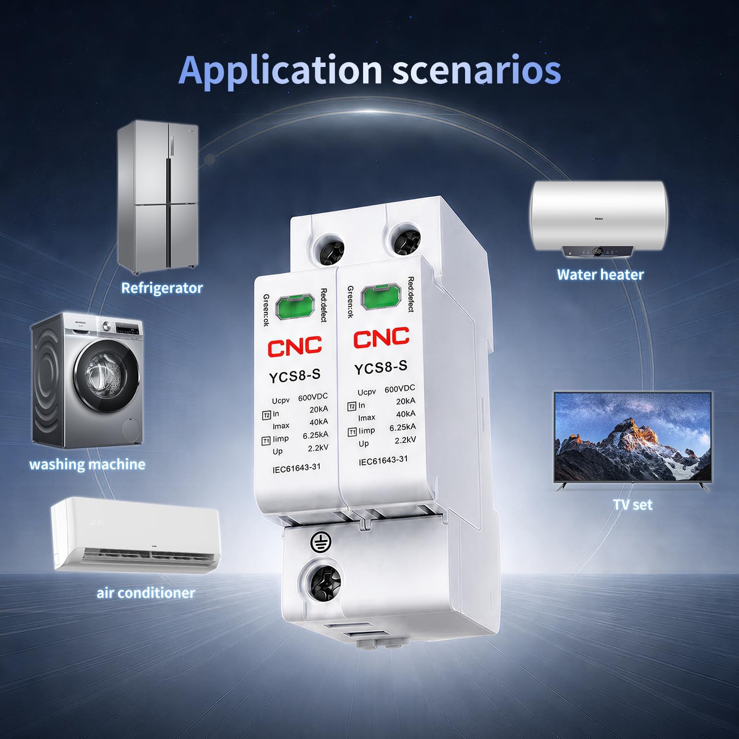 CNC 1PCS DC SPD Surge Protector 1000V, 2‑Pole 40kA T1+T2 for Solar Systems