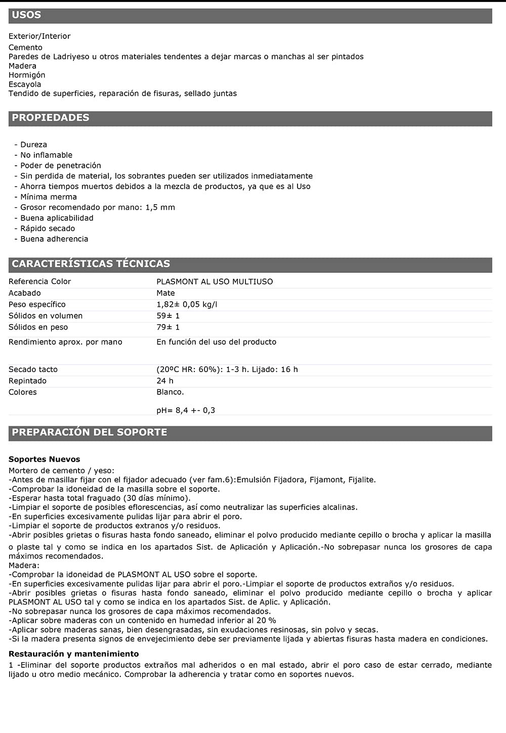 Masilla Plasmont Al Uso Multiuso Masilla para reparar Fachadas y Paredes color Blanco (20kg)