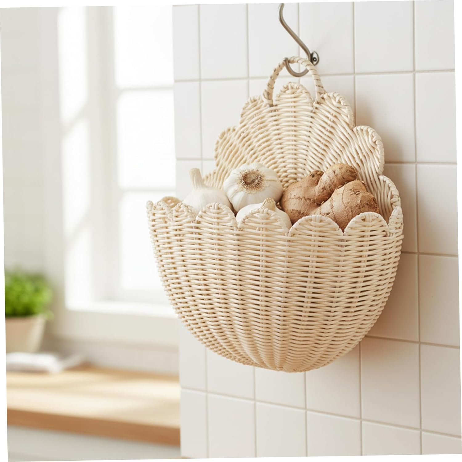Scalloped Wall Basket Plastic Wicker Wall Baskets Hanging Scalloped Basket for Home Bathroom Kitchen Living Room 15x9.1x5.9 inch