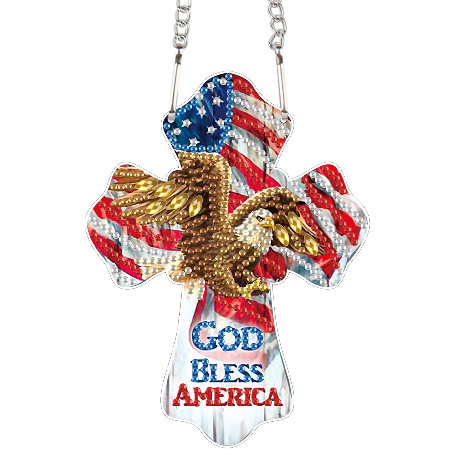 God Bless America Diamond Painting Hanging Ornament - Patriotic Cross with Eagle &amp; American Flag - DIY 5D Diamond Art Kit with Chain - Independence Day Home Decor - Handmade Beaded Sun Catcher Gift