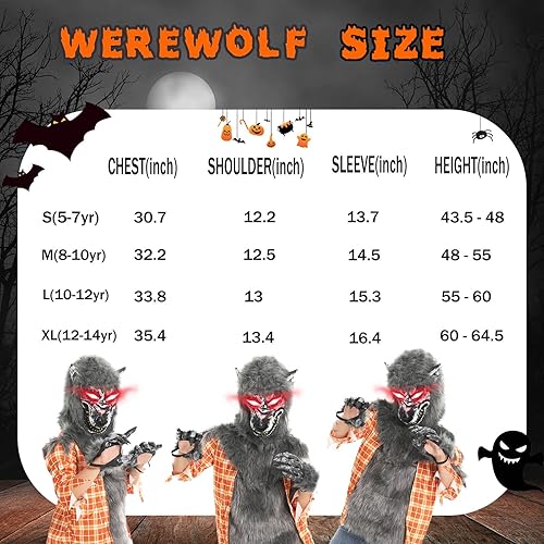 Miniatura 6 de Disfraz de hombre lobo de Halloween para niños, trajes de lobo aullador de lujo con máscara de ojos rojos iluminados, guantes, zapatos, colmos,