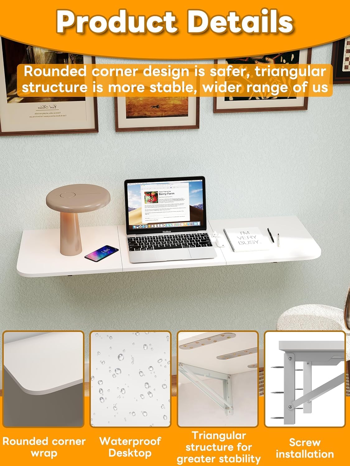 Klapptische Wandmontiert, 120×40 cm Klappbarer Tisch zur Wandmontage, Wandklapptisch mit Klammern, Schwebender Schreibtisch Platzsparend für Waschraum Küche Balkon Zuhause Büro, Weiß