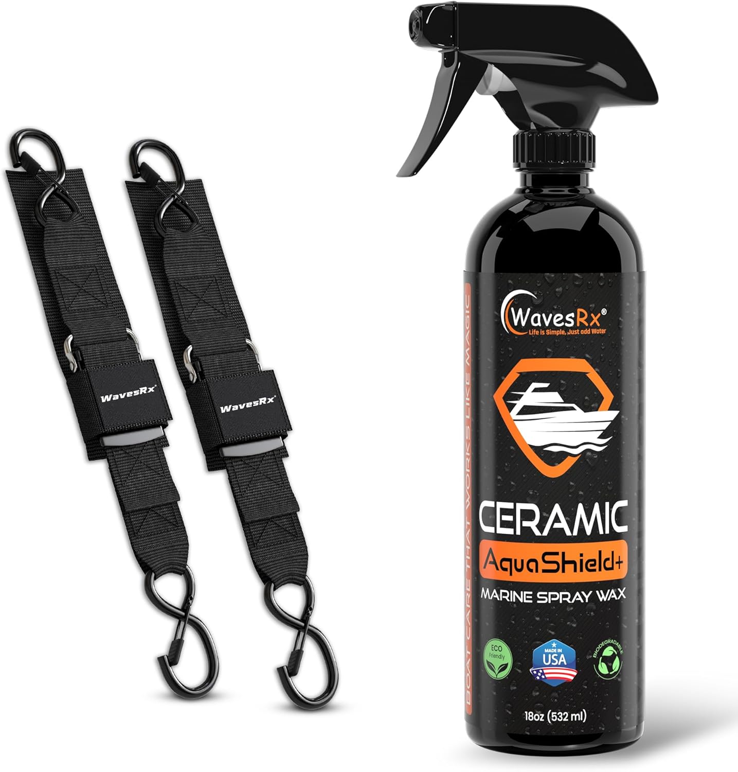 WavesRx 24" Jet Ski Tie-Down Straps (2PK) + Ceramic Sealant Spray Wax (AquaShield) I Secure Retrieval and Transportation of Your PWC + Ultra Slick Hydrophobic Coating with Silicon Dioxide (SiO2)