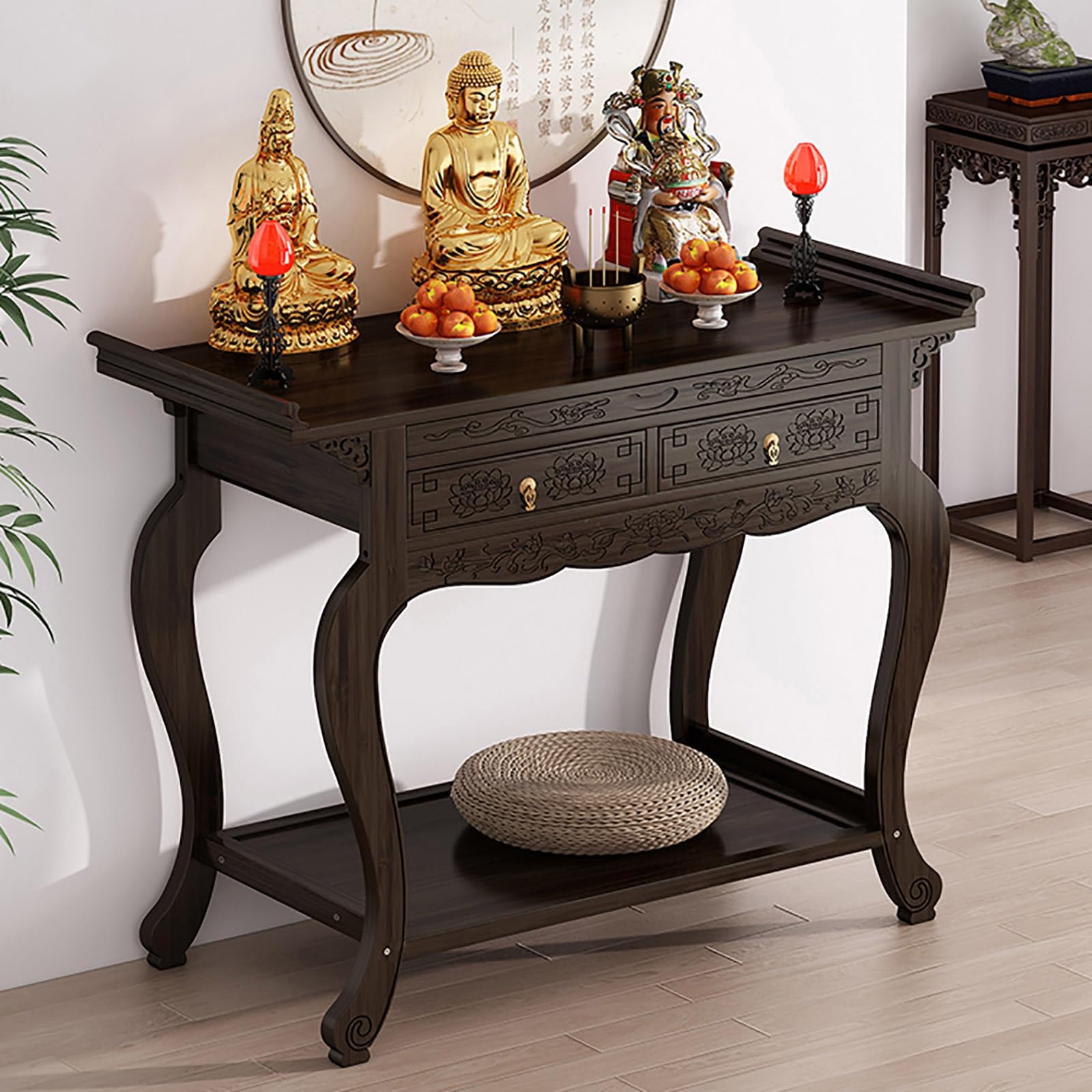 Autel de méditation bouddhiste en bois table d'offrande artisanale 39,4 pouces