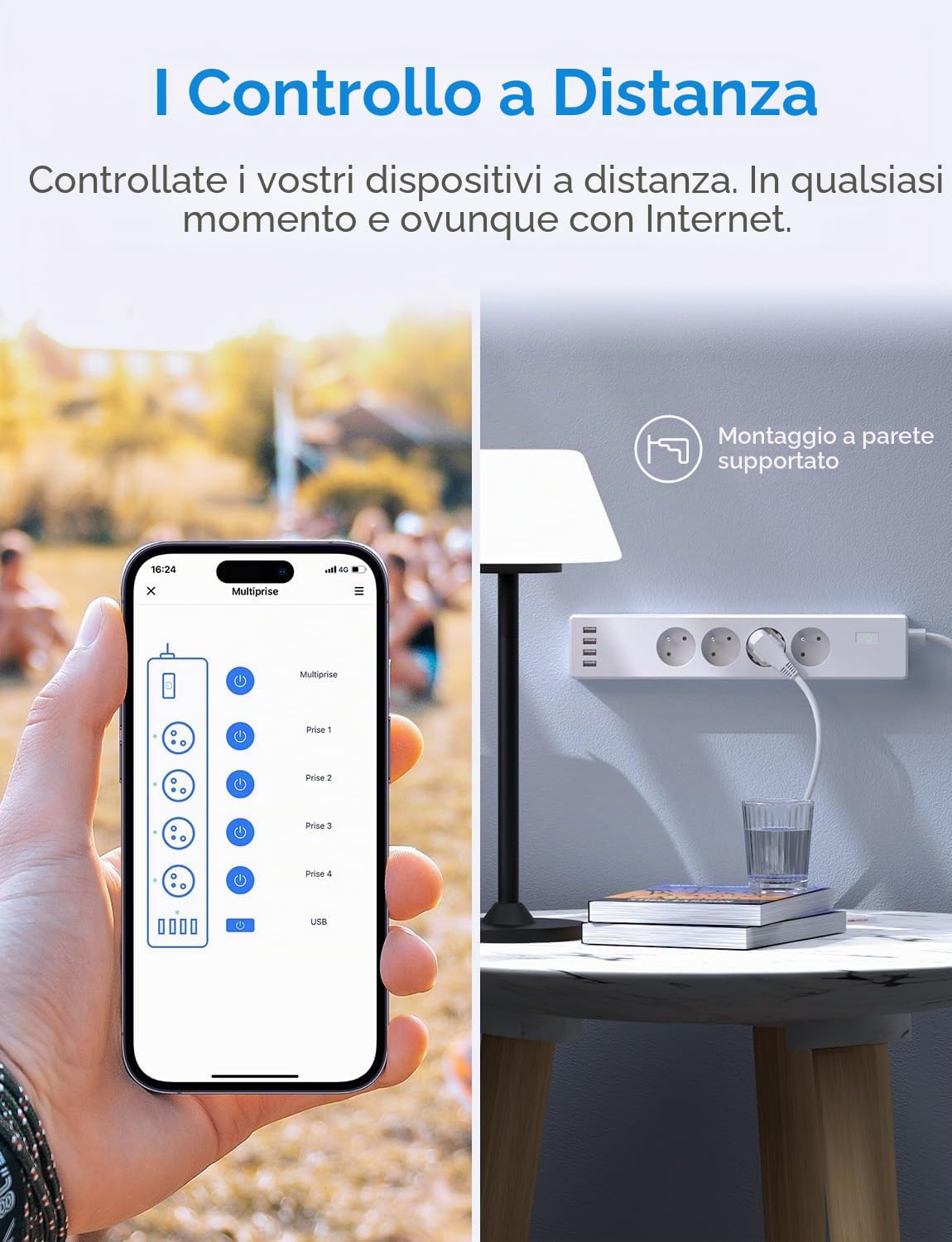 Multipresa collegata (tipo E), 16A WiFi Compatibile con Alexa, Google Home e SmartThings, programmabile (4 prese AC e 4 porte USB) con funzione del tempo e controllo remoto