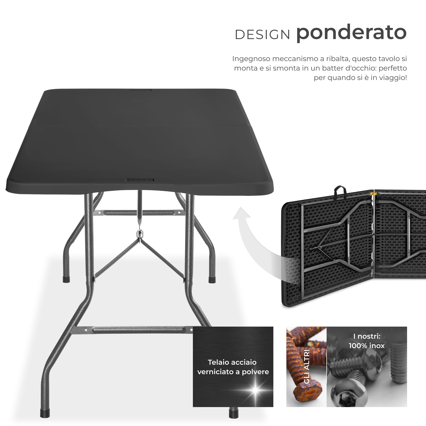 tectake® Tavolo da Esterno 180x70x74 cm, Tavolo Pieghevole a forma di Valigetta, Struttura in Acciaio, Blocco di sicurezza, Maniglia da trasporto, Tavolino da Esterno, Campeggio, Giardino - Antracite