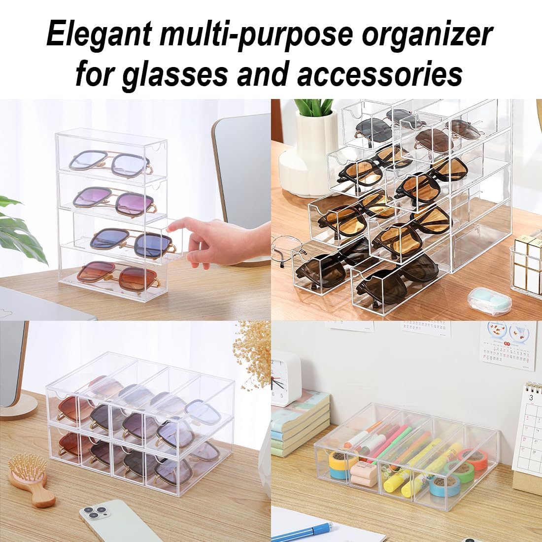 Almacenamiento de gafas de sol acrílicas - Organizador de gafas con 4 cajones para gafas múltiples, joyas, relojes - Almacenamiento de gafas de sol transparente, paquete de 2 Organizador de