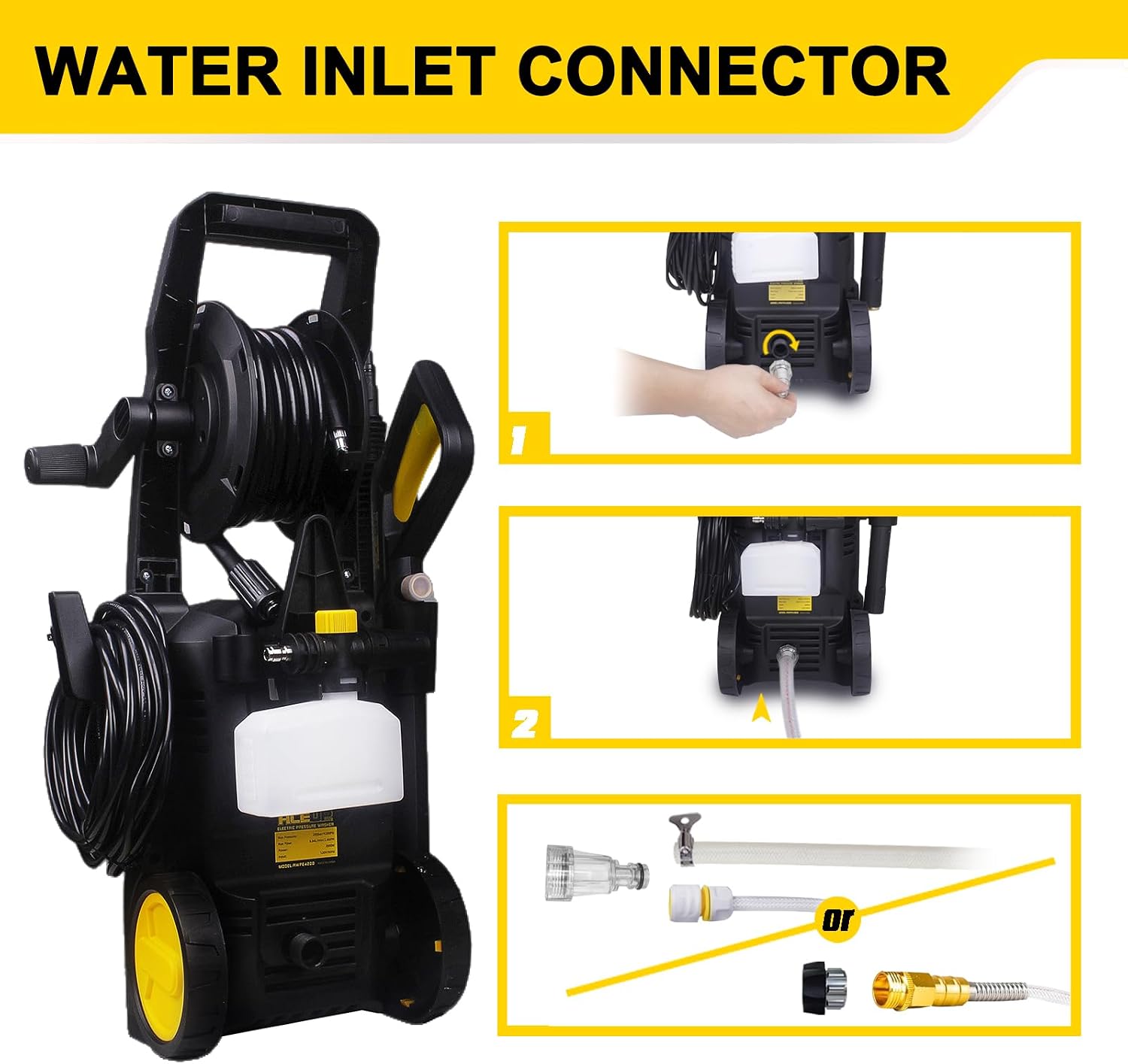 Steps for connecting the water inlet to the pressure washer, showing tightening knobs and different adapter types.