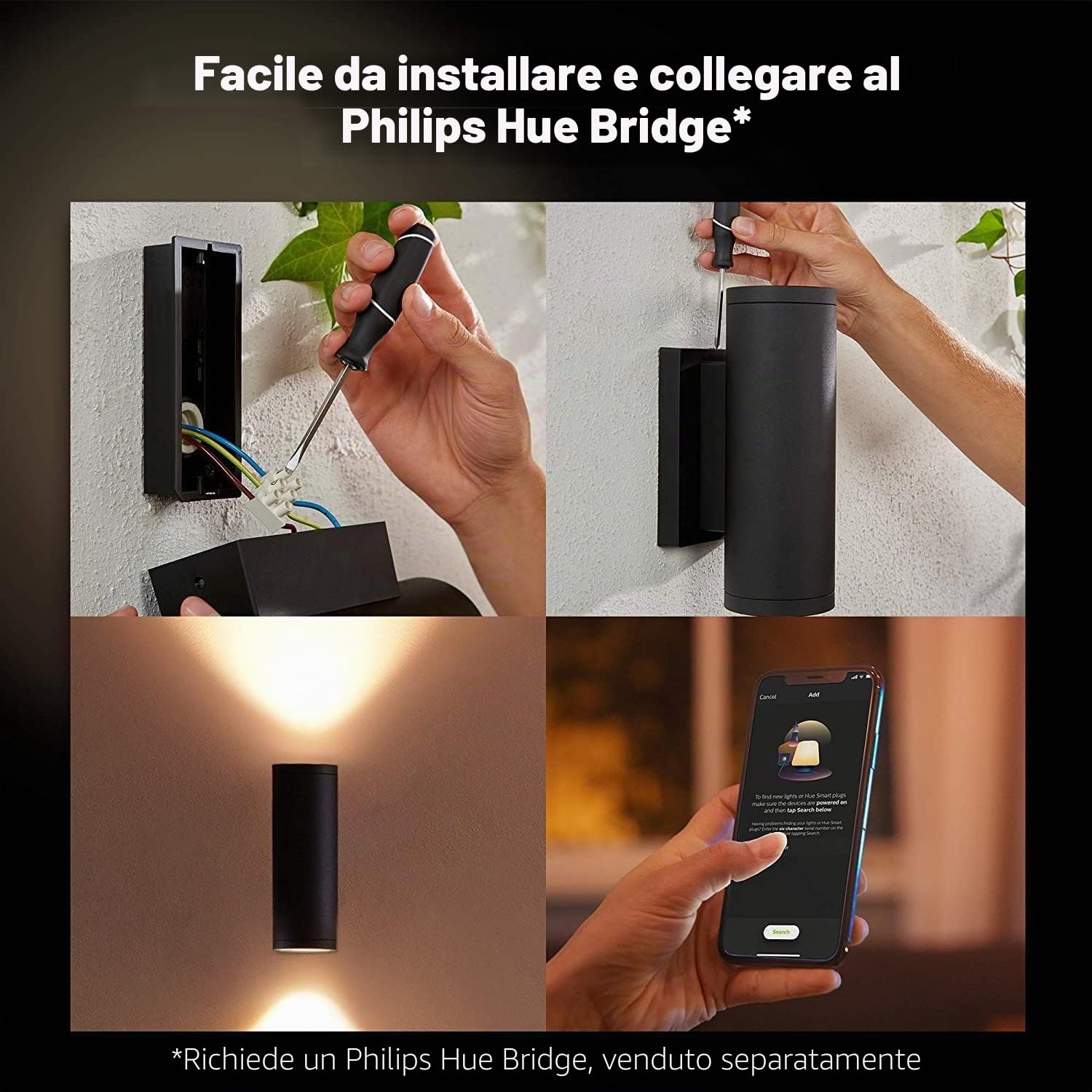 Philips Hue White and Color Ambiance Appear, Lampada da Parete Smart LED Confezione da 2, Lampada Smart per Esterni, Luci led esterno Doppia Illuminazione Sopra/Sotto, LED Integrato, 8W, Nera