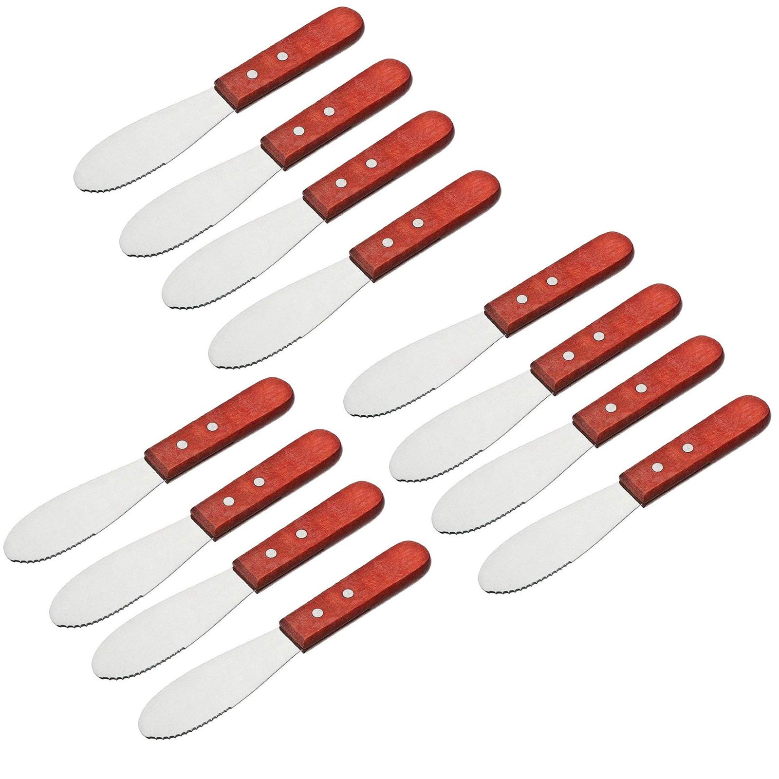 Wall2Wall Stainless Steel Straight Edge Wide Butter Spreader Deluxe Sandwich Cream Cheese Condiment Knives Set Kitchen Tools, Wood Handle, 8” (12)