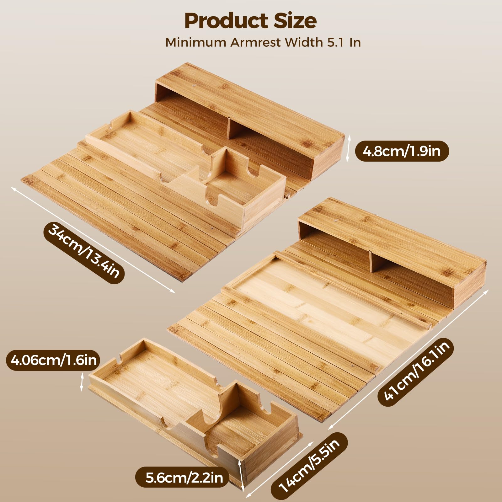 Towwoo Bandeja para Sofá de Bambú, Organizador de Reposabrazos para Sofa, Mesa Flexible con Clip para Brazo de Sofá, para Snacks, Bebidas, Teléfono, Control Remoto